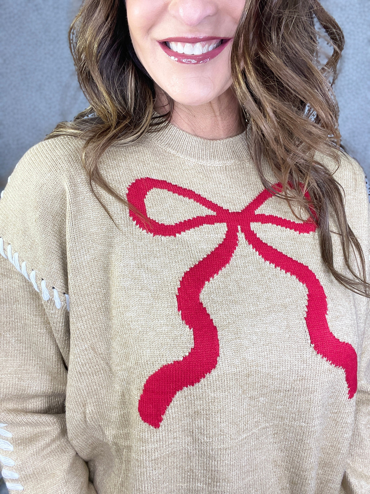 Sweet Time Ribbon And Stitching Detail Sweater In Taupe *Final Sale*
