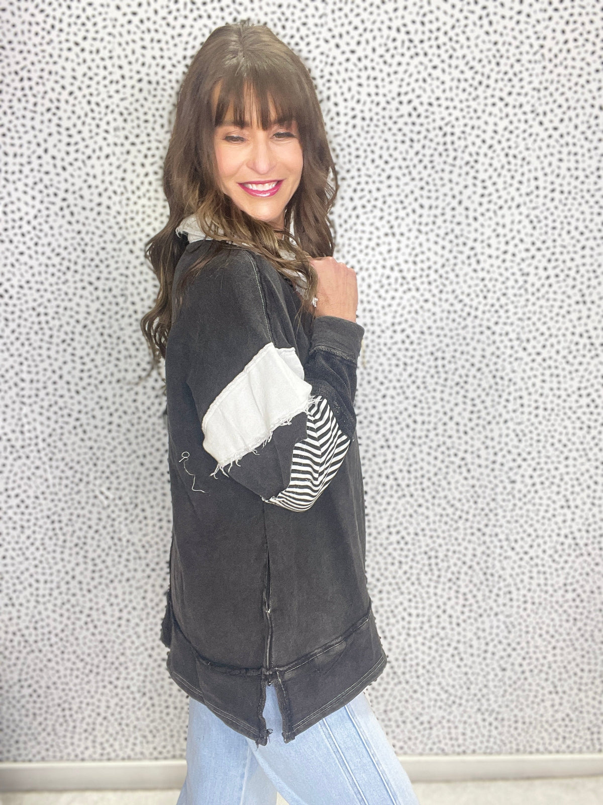 Cherished Dreams Washed Multi Fabric Collar T-Shirt In Black *Final Sale*