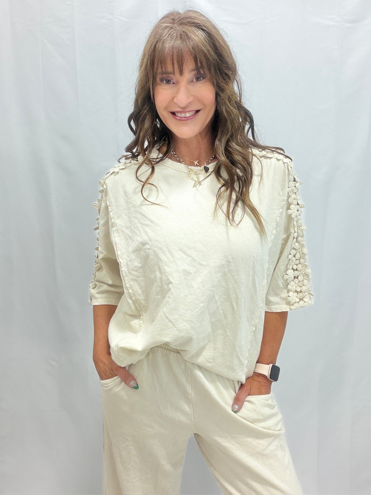 Petal Pusher Mineral Washed Flower Trim Lounge Top In 4 Colors