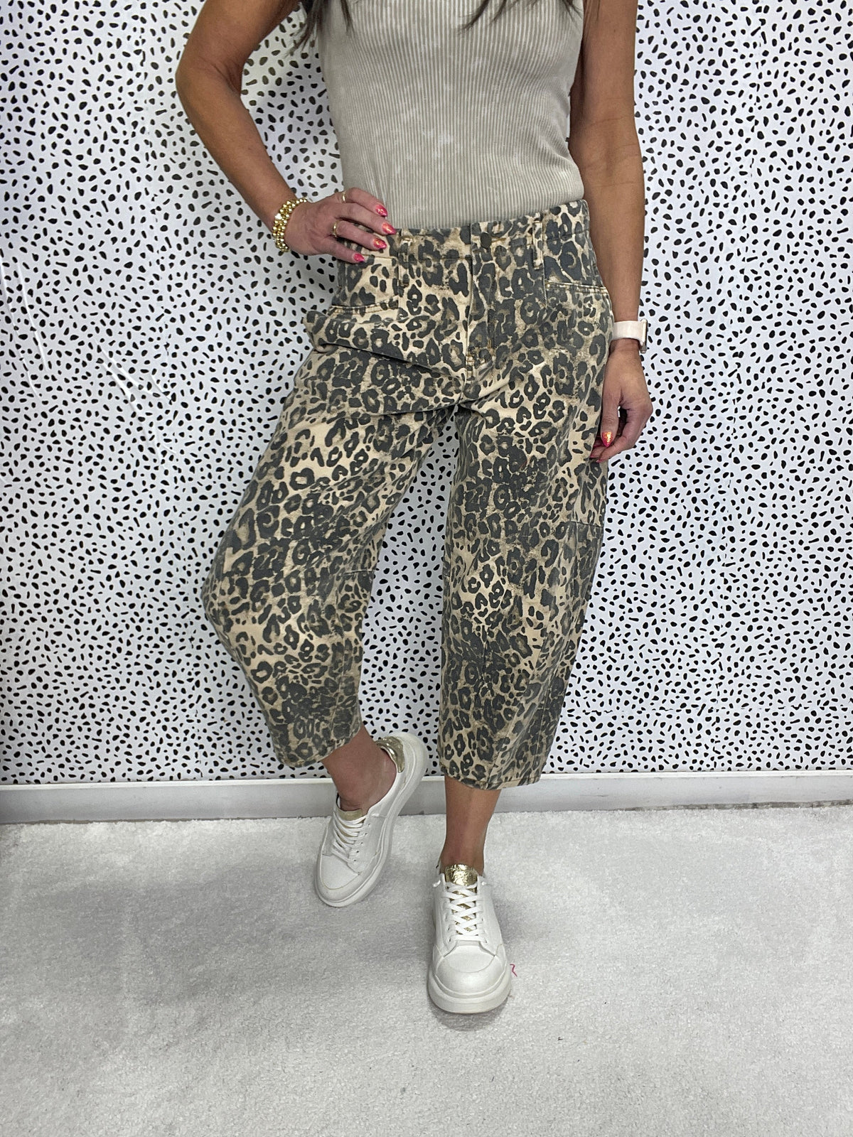 Feline Luxe Leopard Print Washed Twill Barrel Pants In Brown