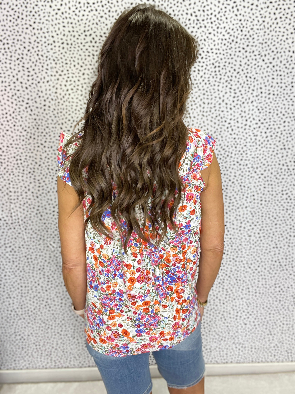 Gracie P Small Print Floral Square Neck Flutter Sleeveless Top