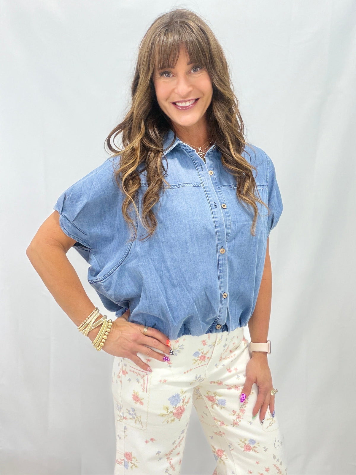 Have A Good Day Bubble Hem Top In Denim