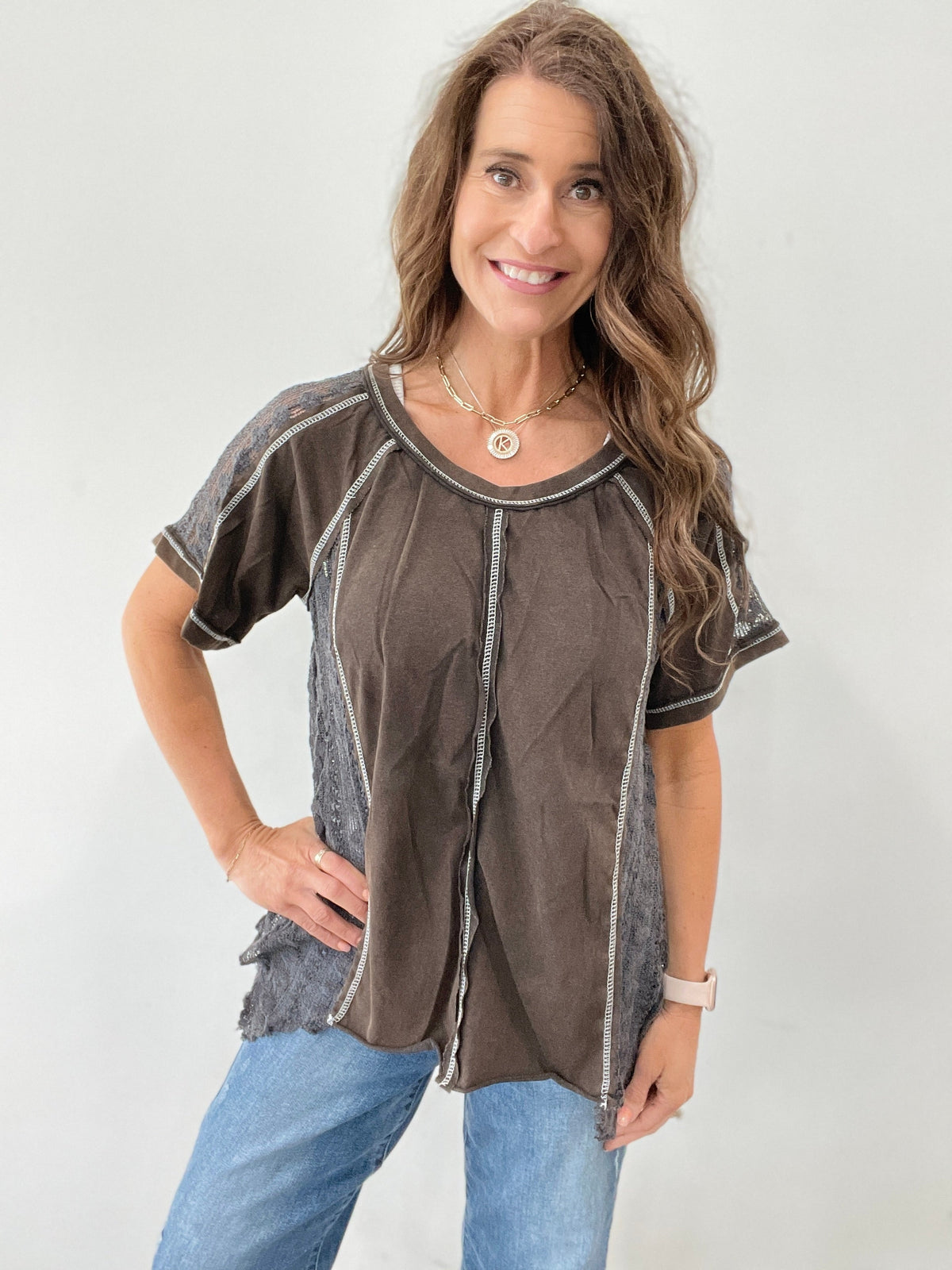 Pol Loose And Lacy Short Sleeve Top In 2 Colors: Black, Green *Final Sale*