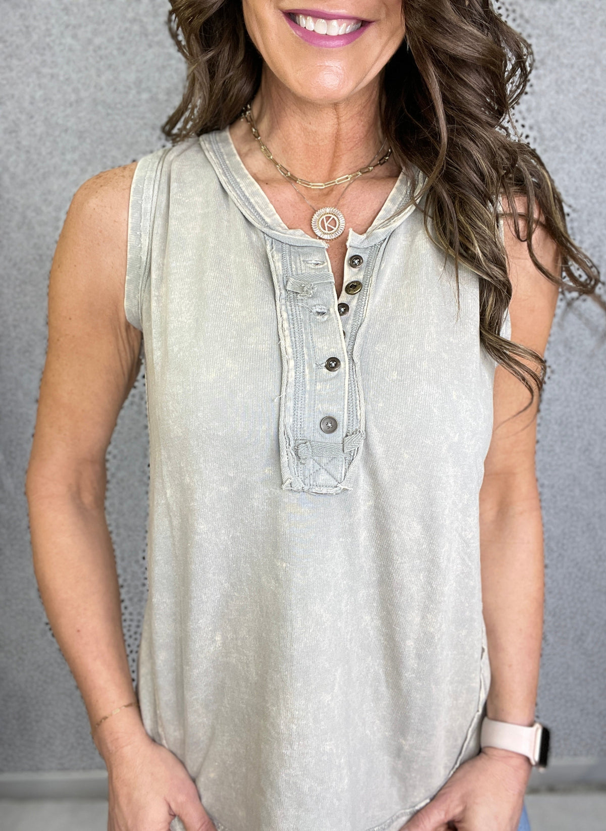 Summer Time Slip Away Sleeveless Henley Raw Edge Top In 8 Colors *Final Sale*