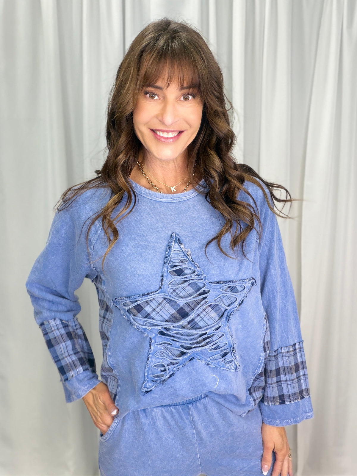 Distressed Star Patch Top In Denim Blue *Final Sale*