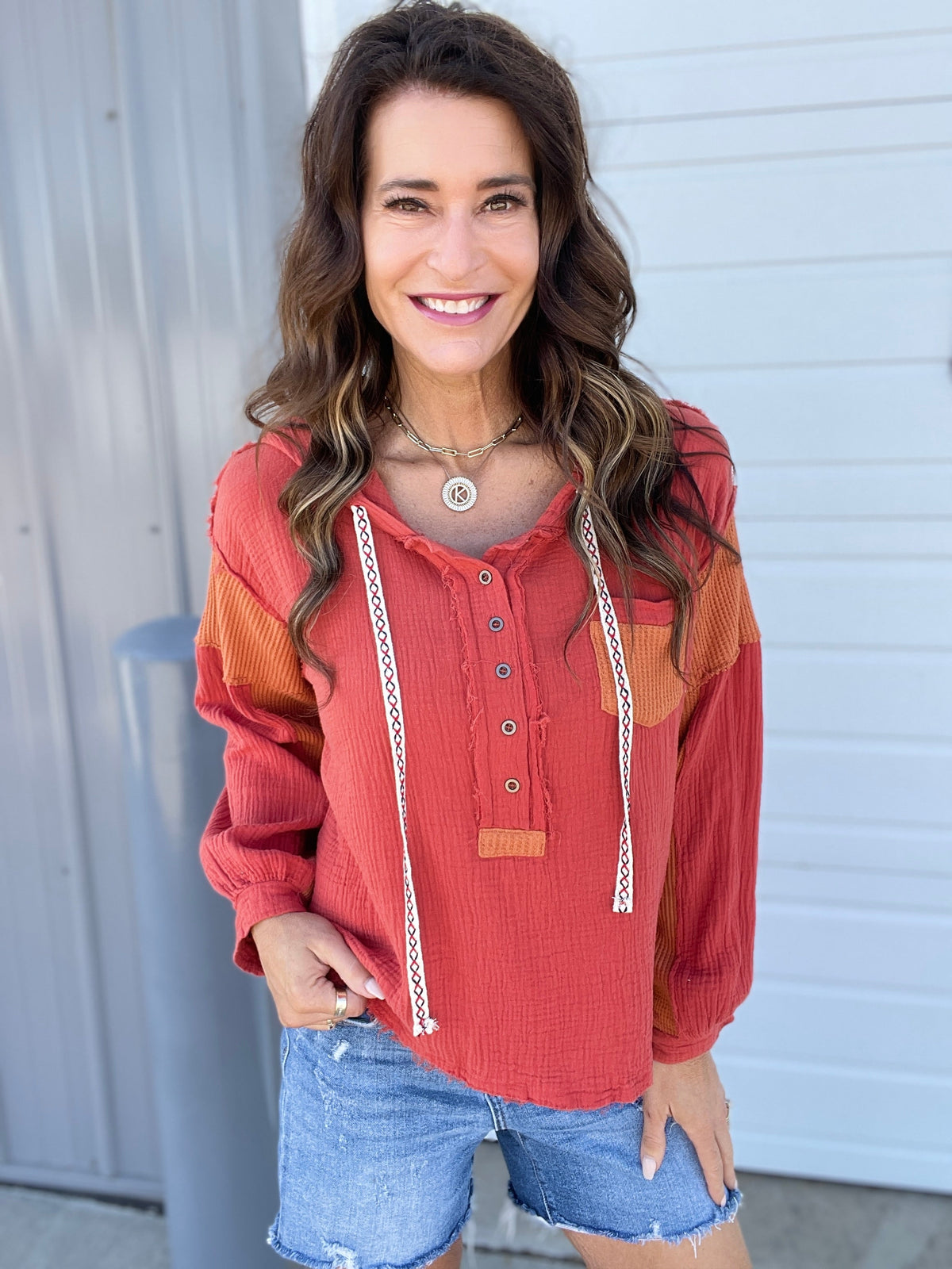 Pol Twenty Questions Woven Hoodie Top In Sunset *Final Sale*