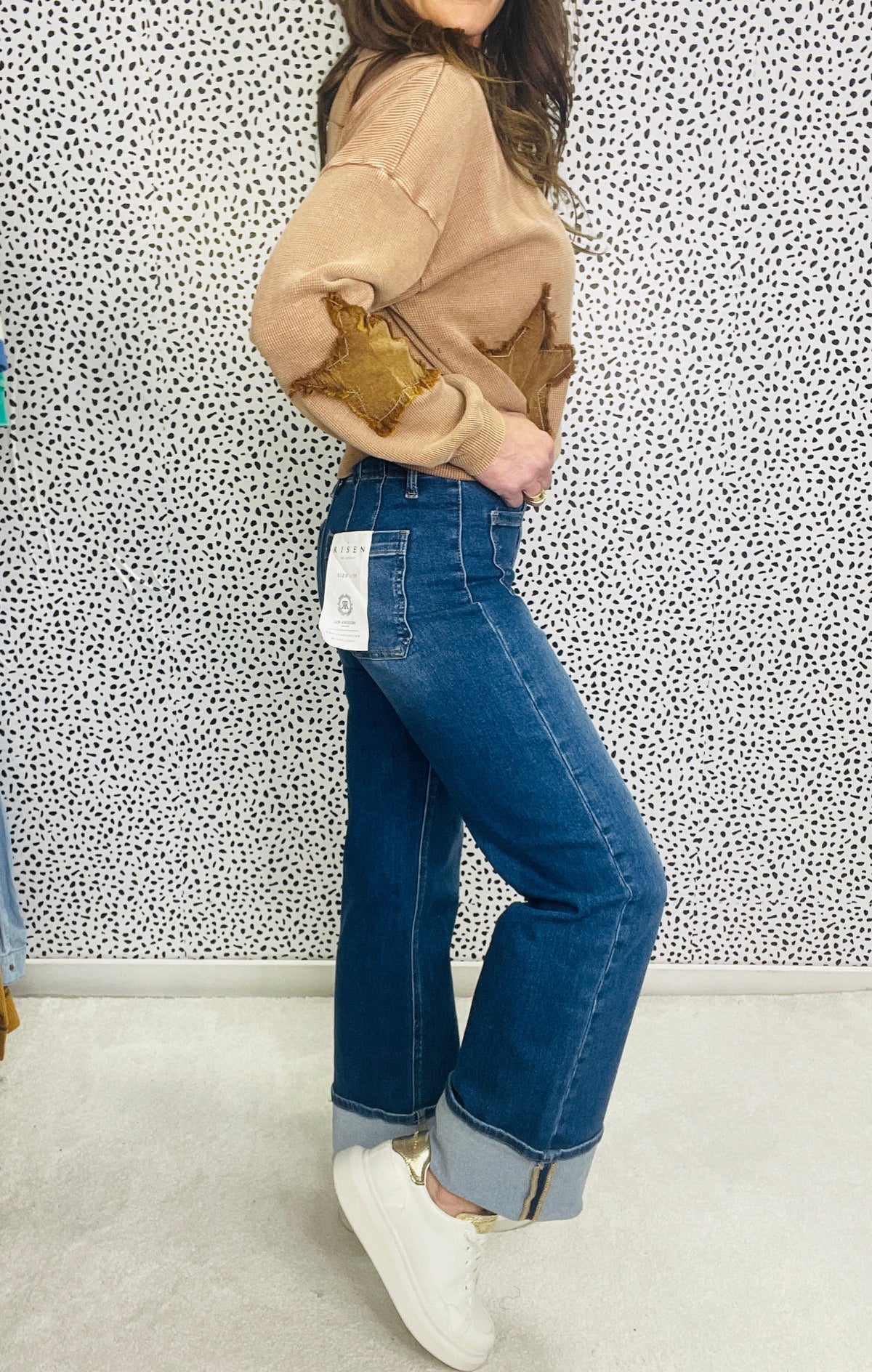 Risen Cindy High Rise Wide Bottom Button Down Front Patch Pocket Cuffed Jeans 965