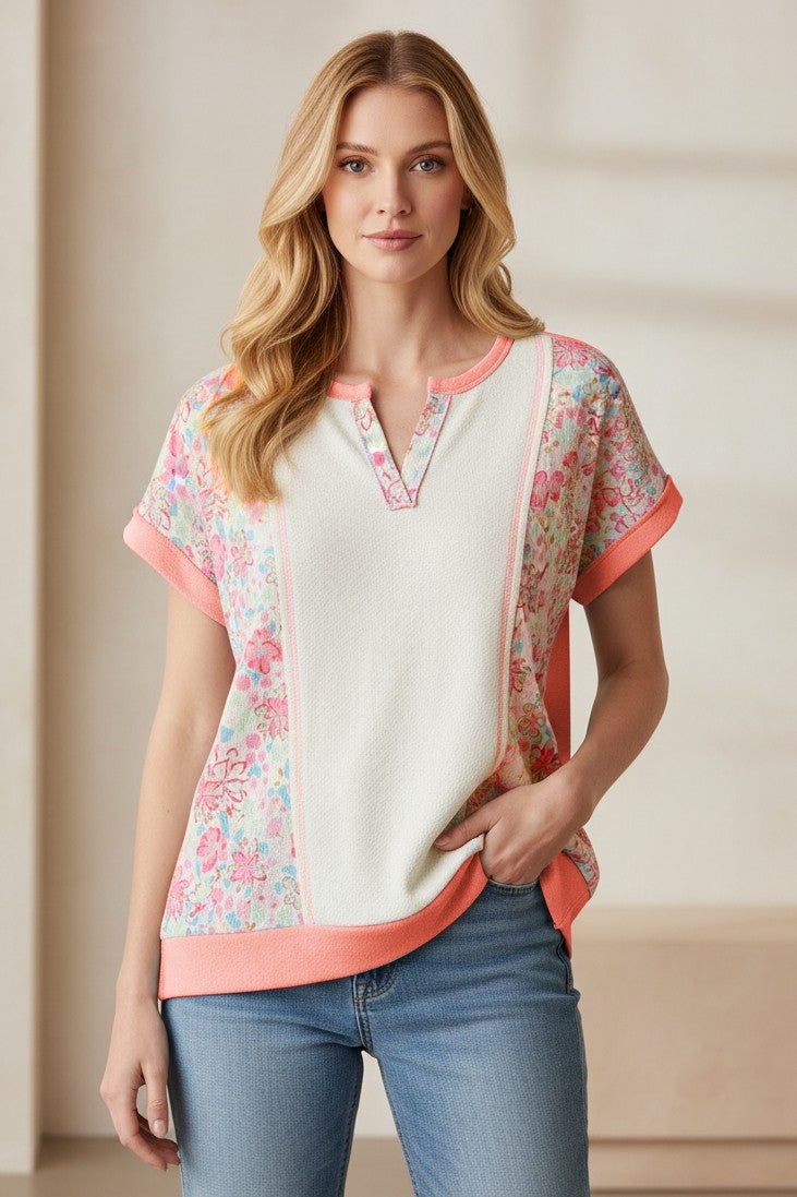 Pre-Order Floral Panel Split Neck Knit Top In Blush *Final Sale*