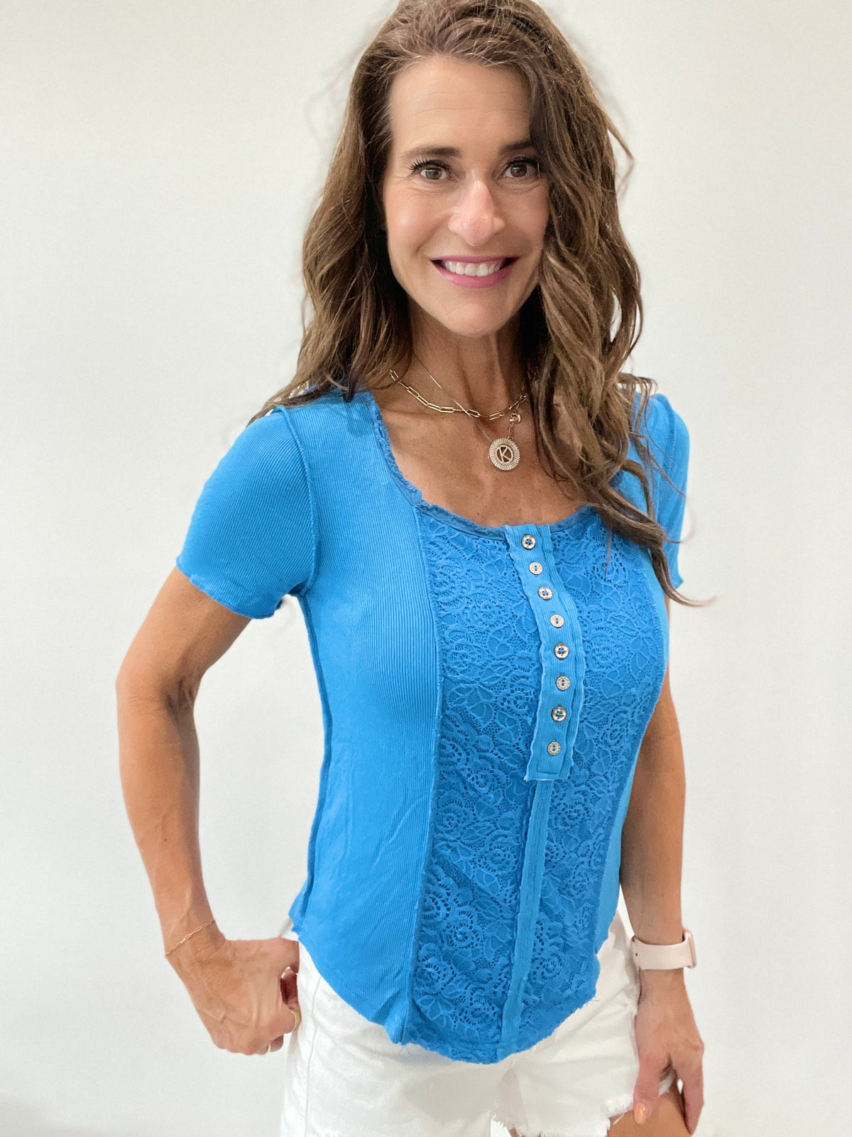 Pol Sea Of Blue Short Sleeve Ribbed And Lace Top *Final Sale*