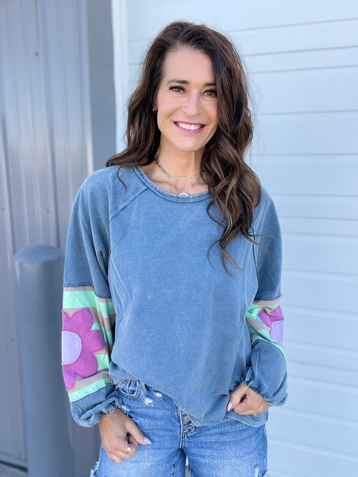 Faded Floral Patch Terry Knit Mineral Washed Long Sleeve Pullover in 4 Colors