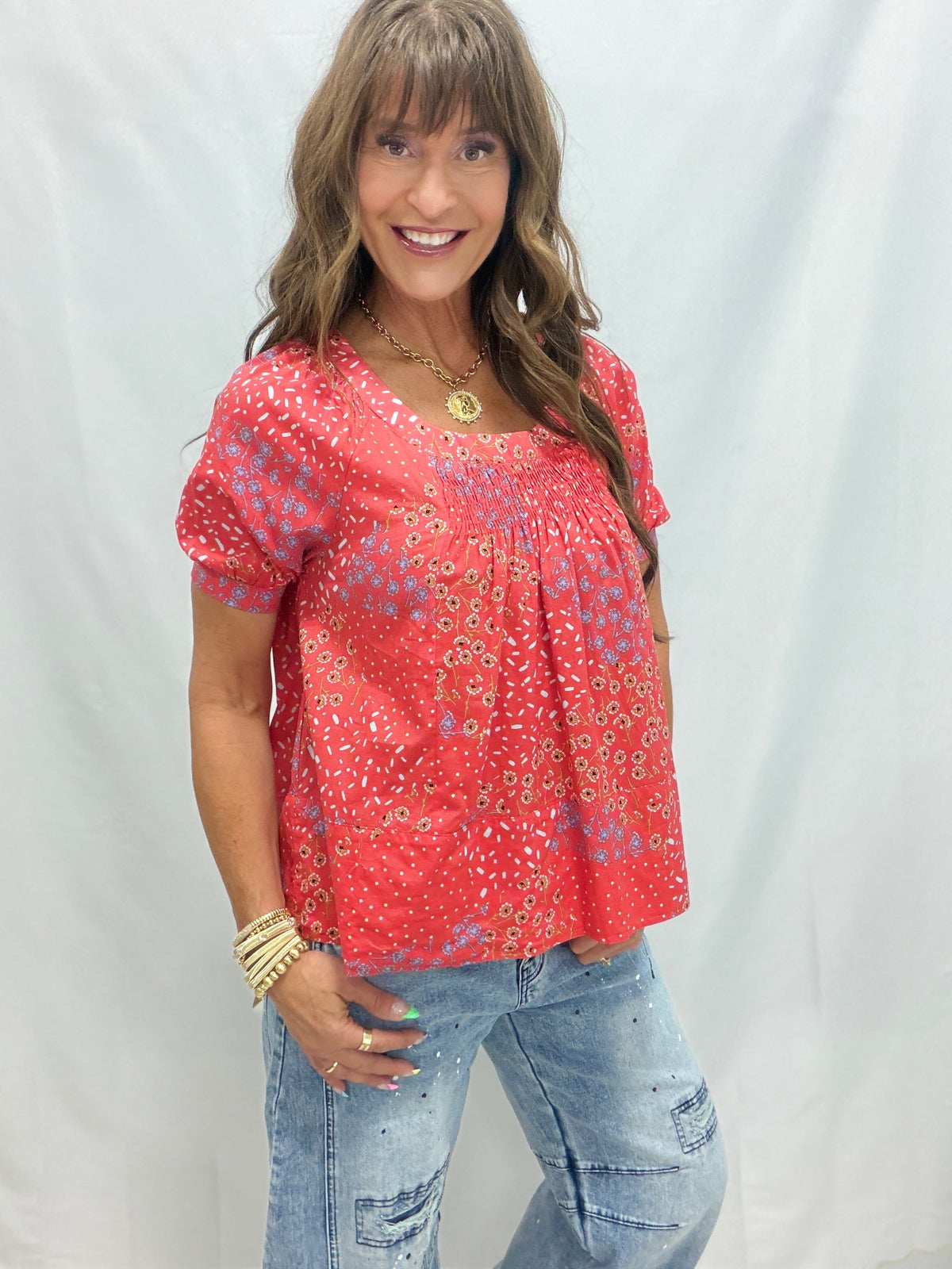 Printed Cotton-Lawn Woven Top In Red