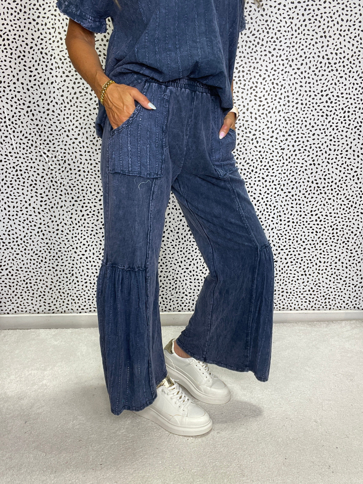 Mineral Washed Floral Eyelet Tiered Wide Leg Pants in 2 Colors *Final Sale*