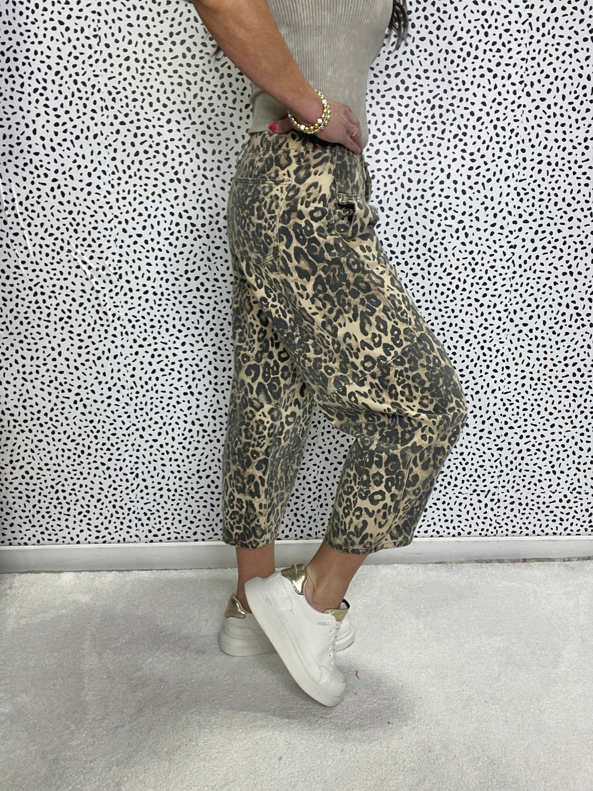 Feline Luxe Leopard Print Washed Twill Barrel Pants In Brown