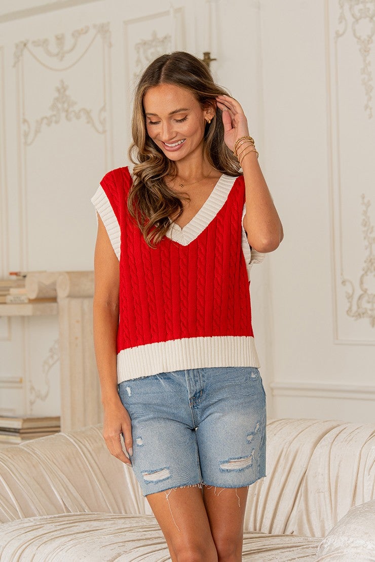 Relaxed Fit Cable Knit V Neck Sleeveless Vest In Red *Final Sale*