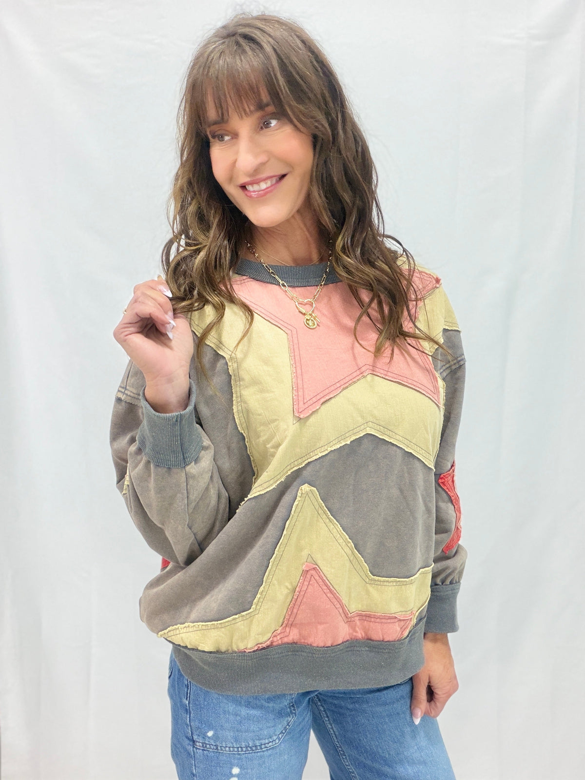 Oli & Hali Now Or Never Washed Star Patch Pullover Top In 2 Colors