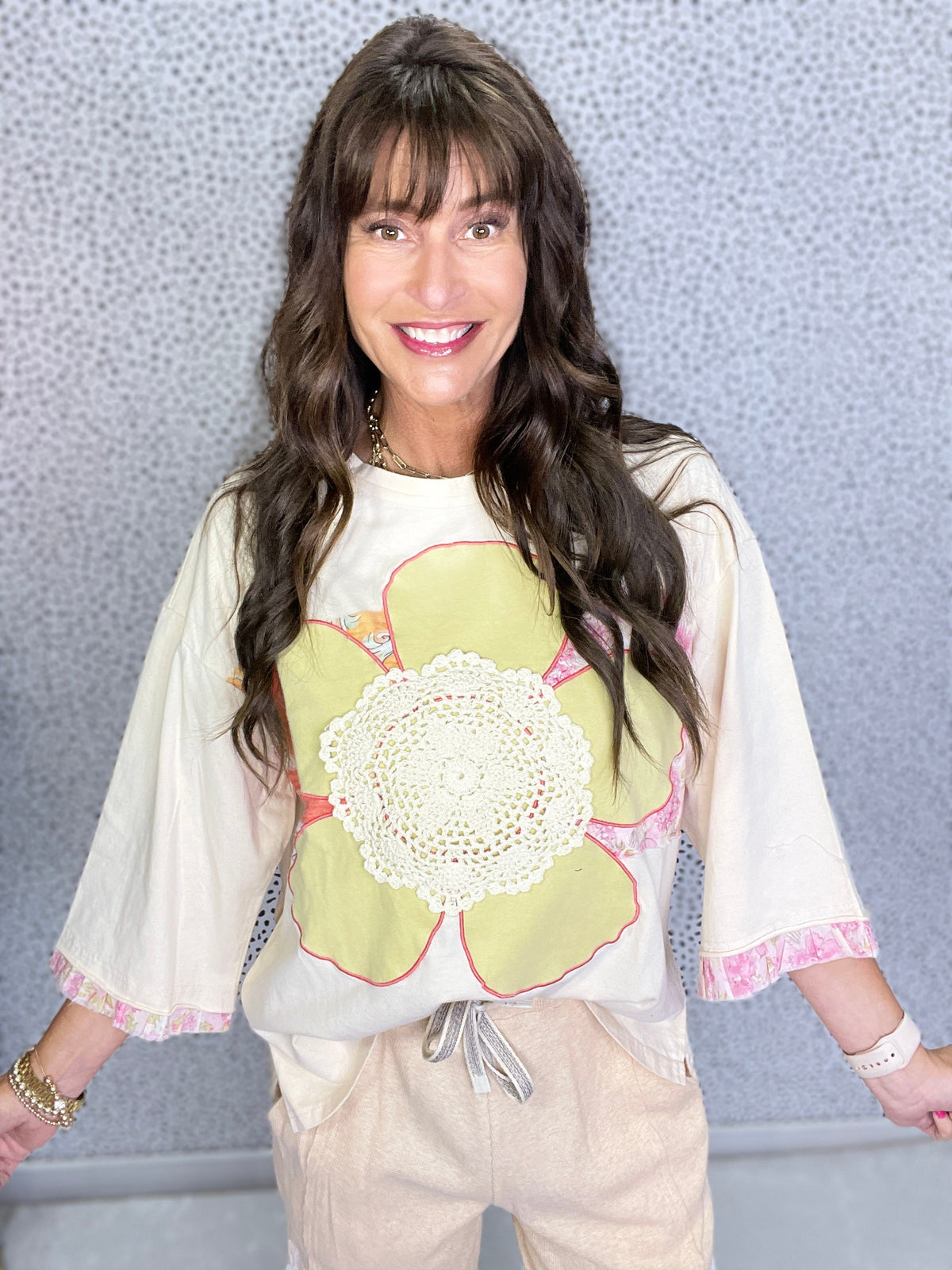 Patchwork Petal Half Sleeve Knit Top In 3 Colors