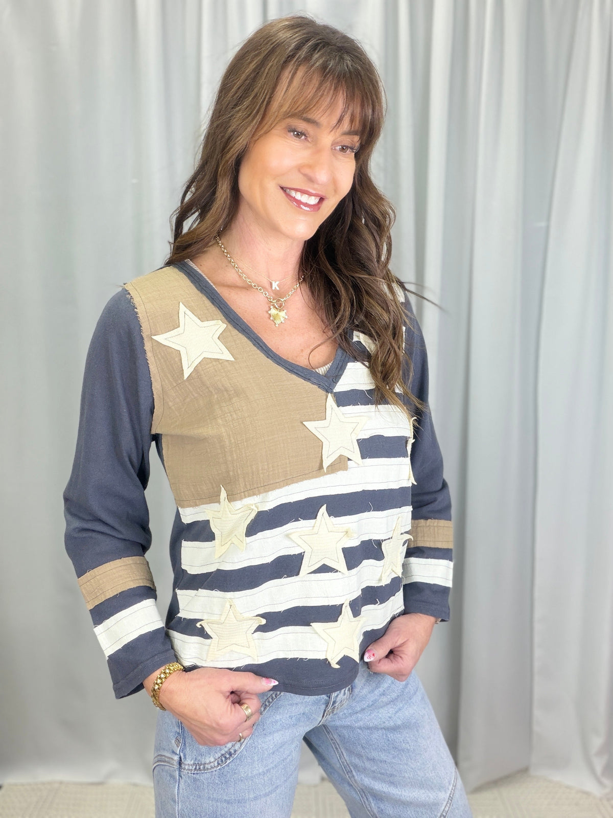 POL Born To Shine Flag Patch Top In 2 Colors