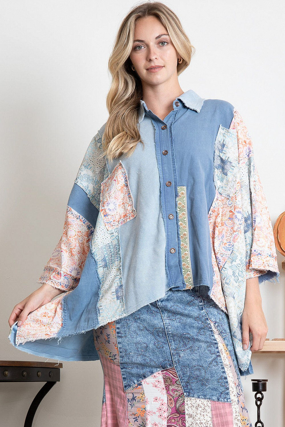 City Lights Multi Fabric Raw Edge Shirt In 2 Colors