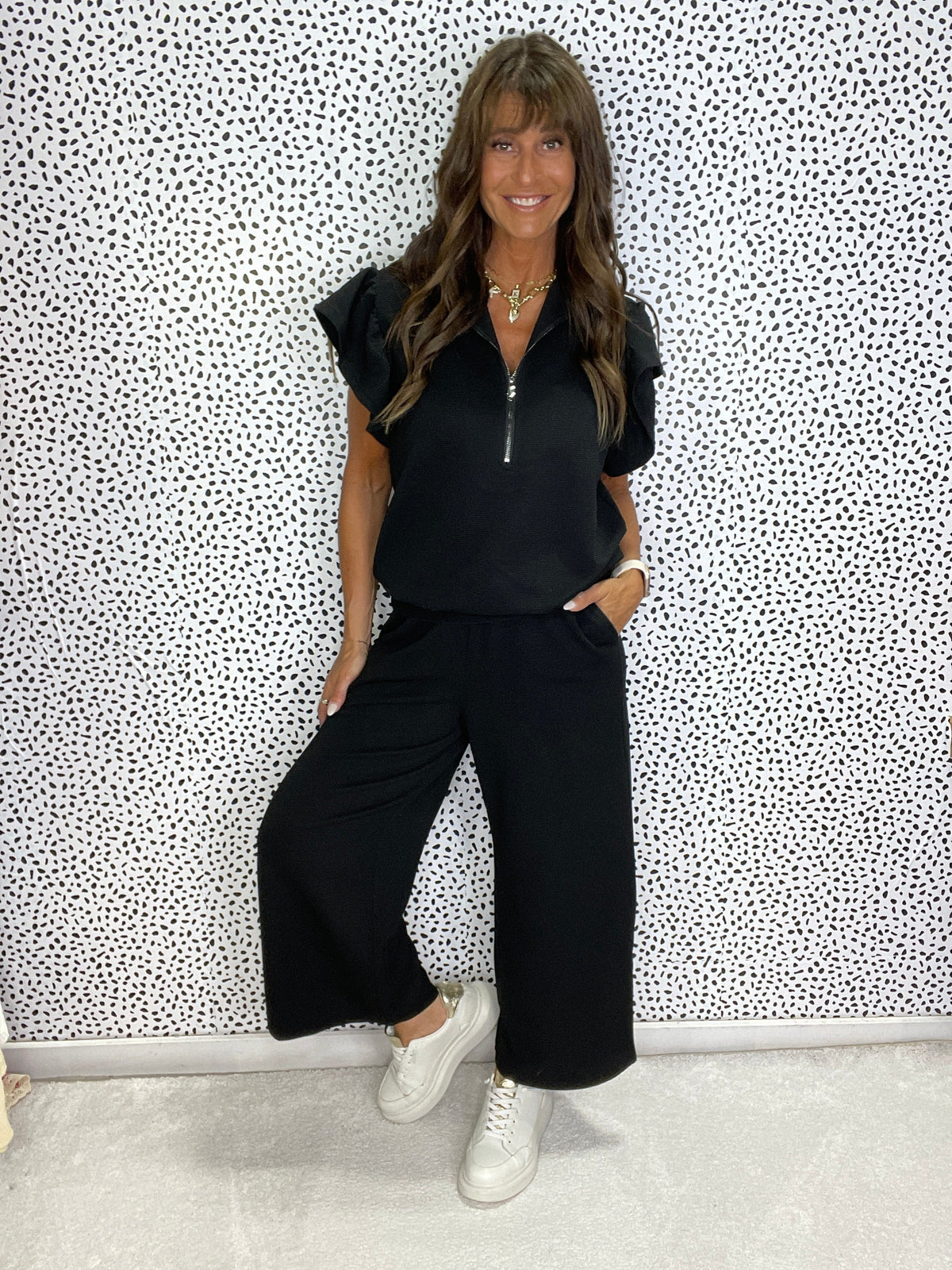 Gracie P Midnight Flair Textured Ruffle Sleeve Pant Set