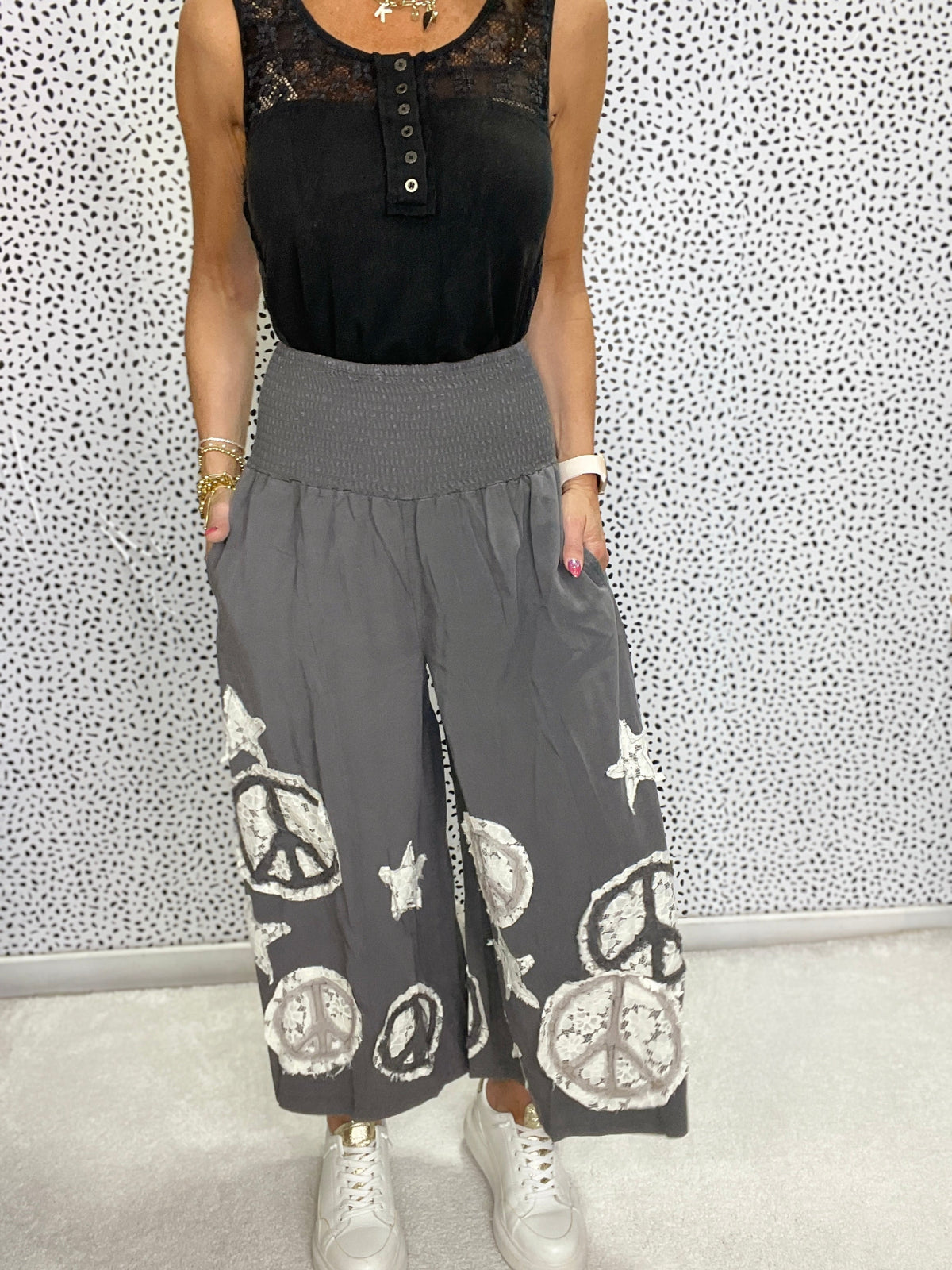 Oli & Hali Infinite Peace Washed Smocked Patchwork Pants In 2 Colors *Final Sale*