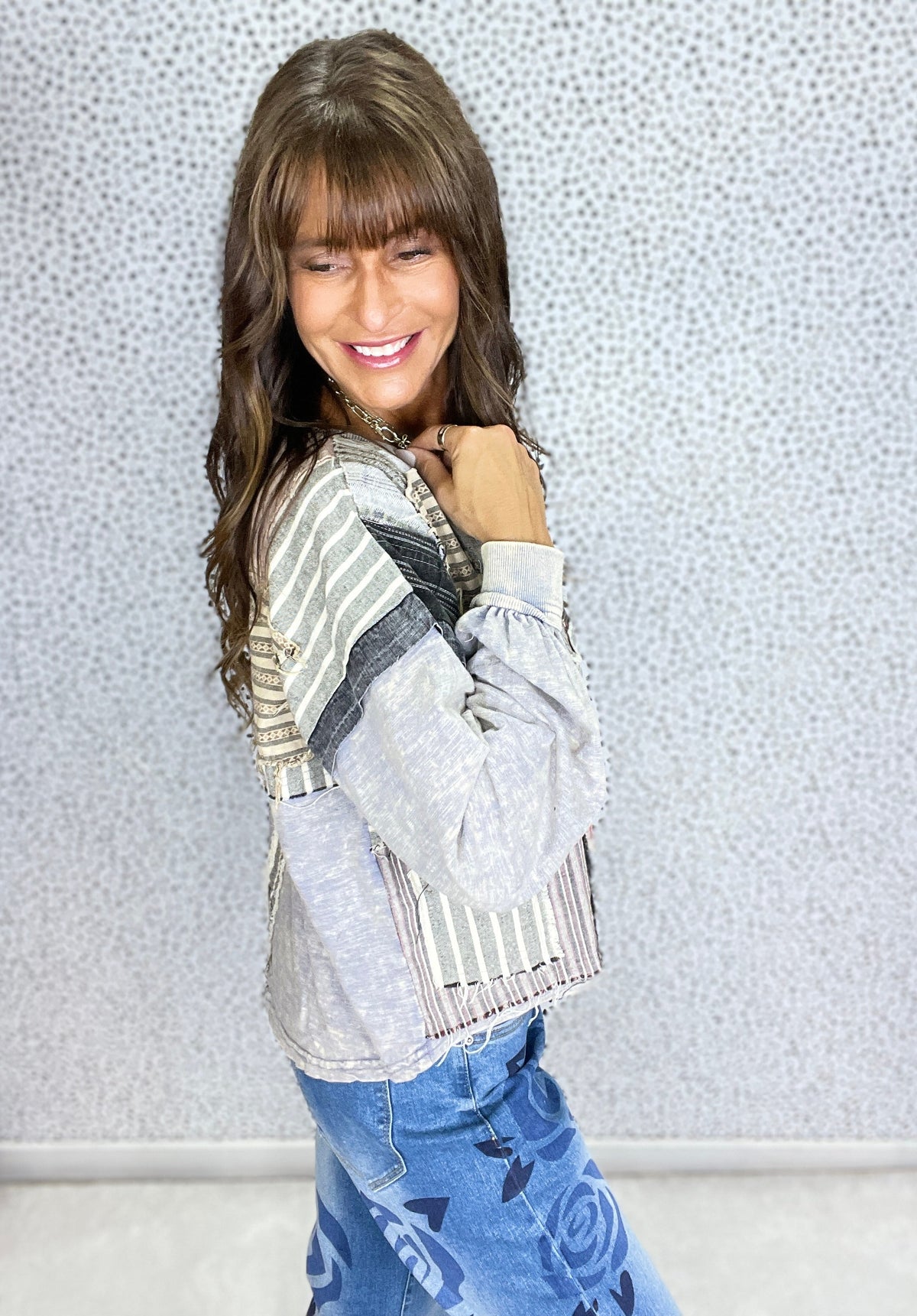 Oli & Hali What You Though Patchwork Long Sleeve Top In Dolphin *Final Sale*