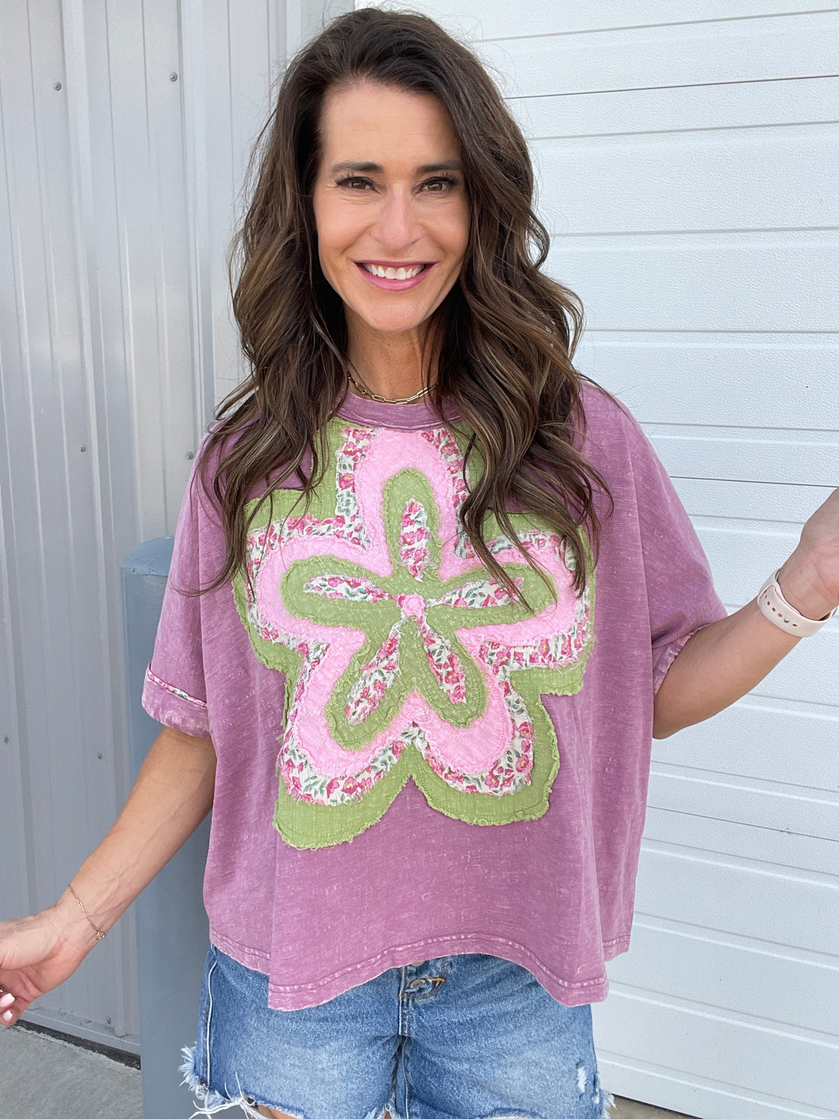 Bloom With Love Flower Patch Top In 6 Colors: Cream, Khaki, Slate, Magenta, Green, Pink *Final Sale*