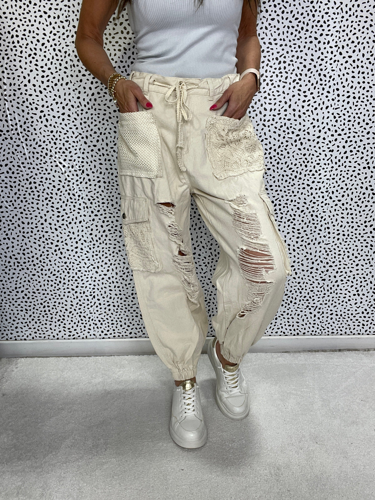 POL Rebel All The Time Distressed Crochet Patch Pants In 4 Colors