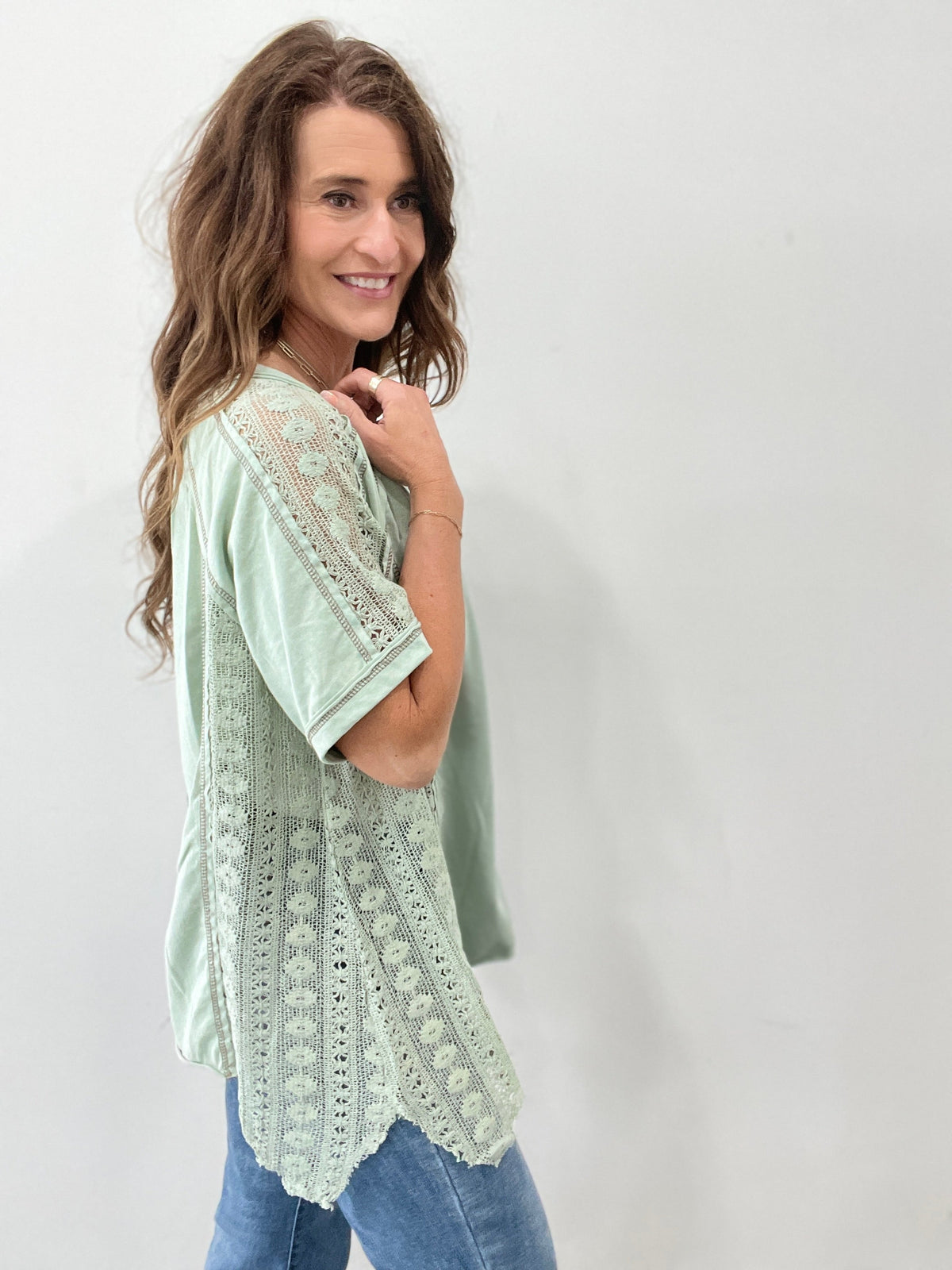 Pol Loose And Lacy Short Sleeve Top In 2 Colors: Black, Green *Final Sale*