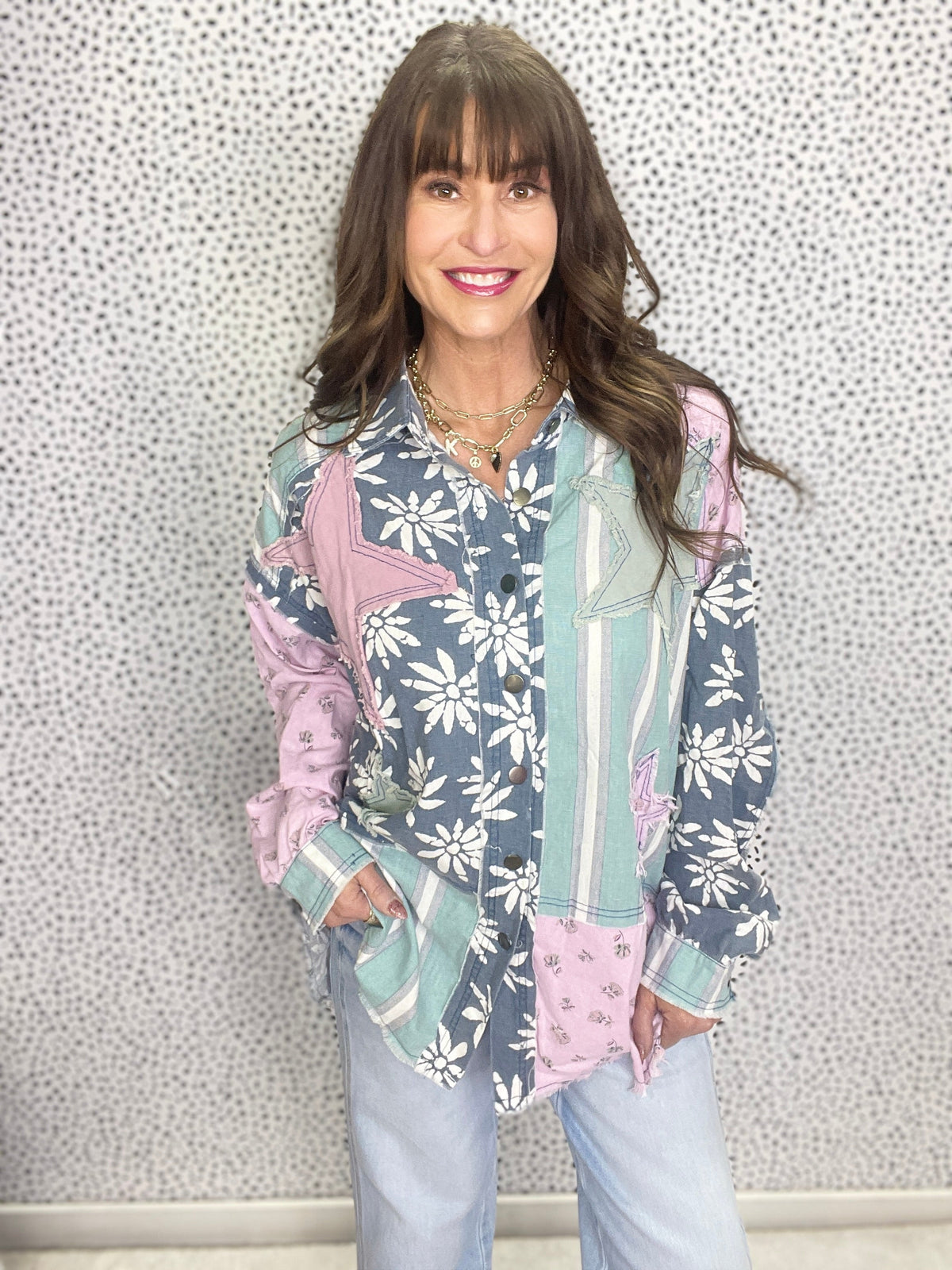 Lights, Camera, Action Star Patch Button Down Top In Denim *Final Sale*