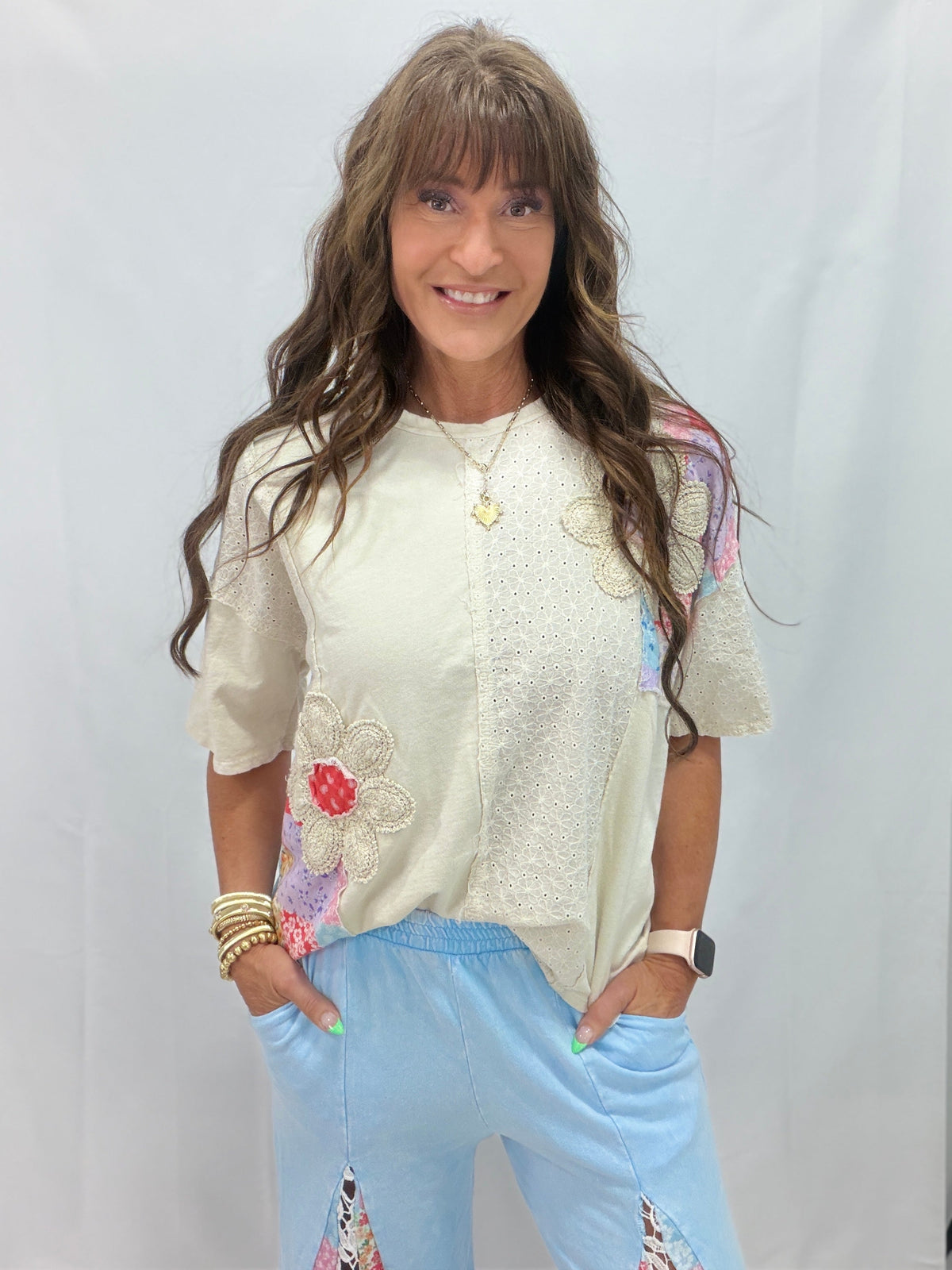Flowerchild Mineral Washed Patchwork Eyelet Blouse In 4 Colors