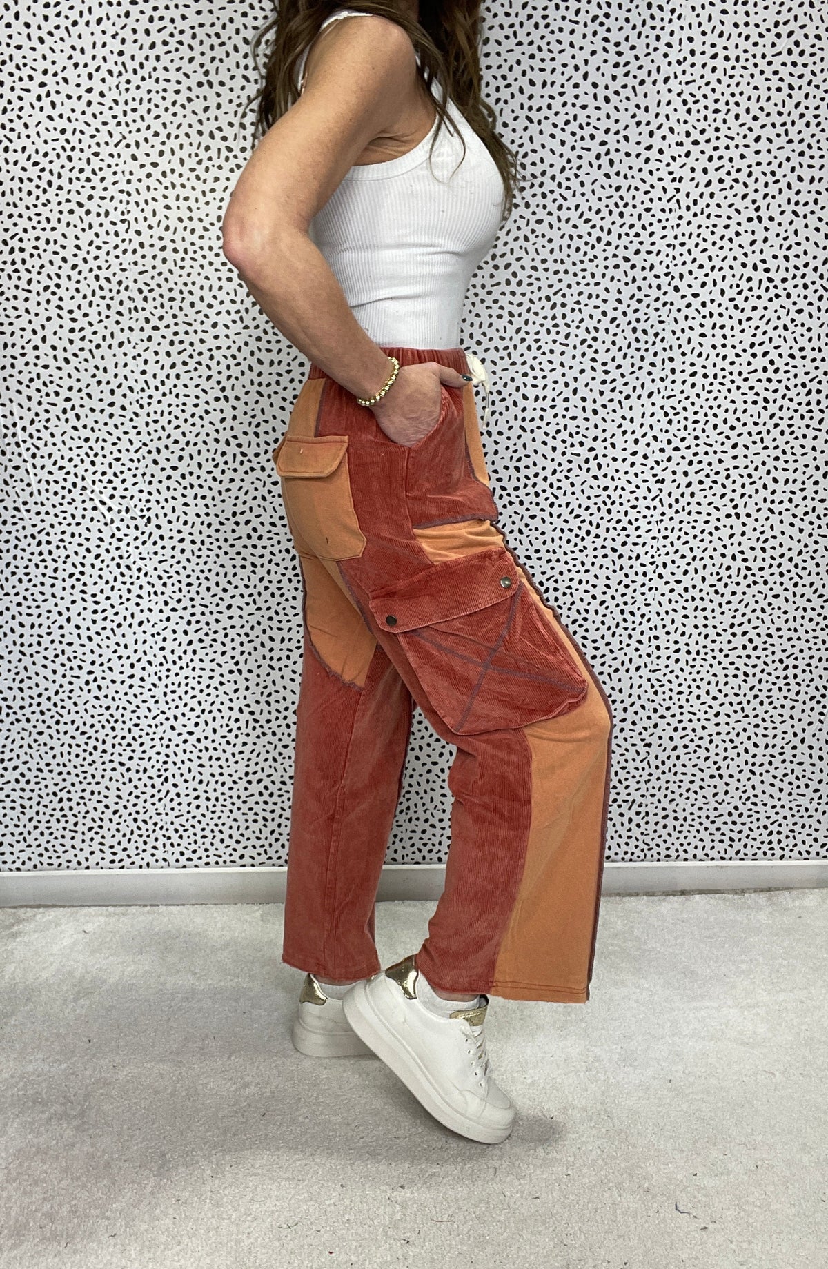 POL Spaced Out Color Block Cargo Pockets Pants In Brick *Final Sale*