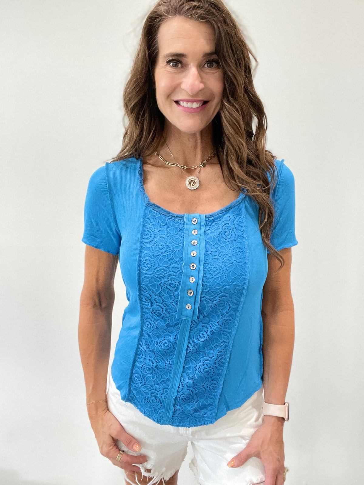 Pol Sea Of Blue Short Sleeve Ribbed And Lace Top *Final Sale*