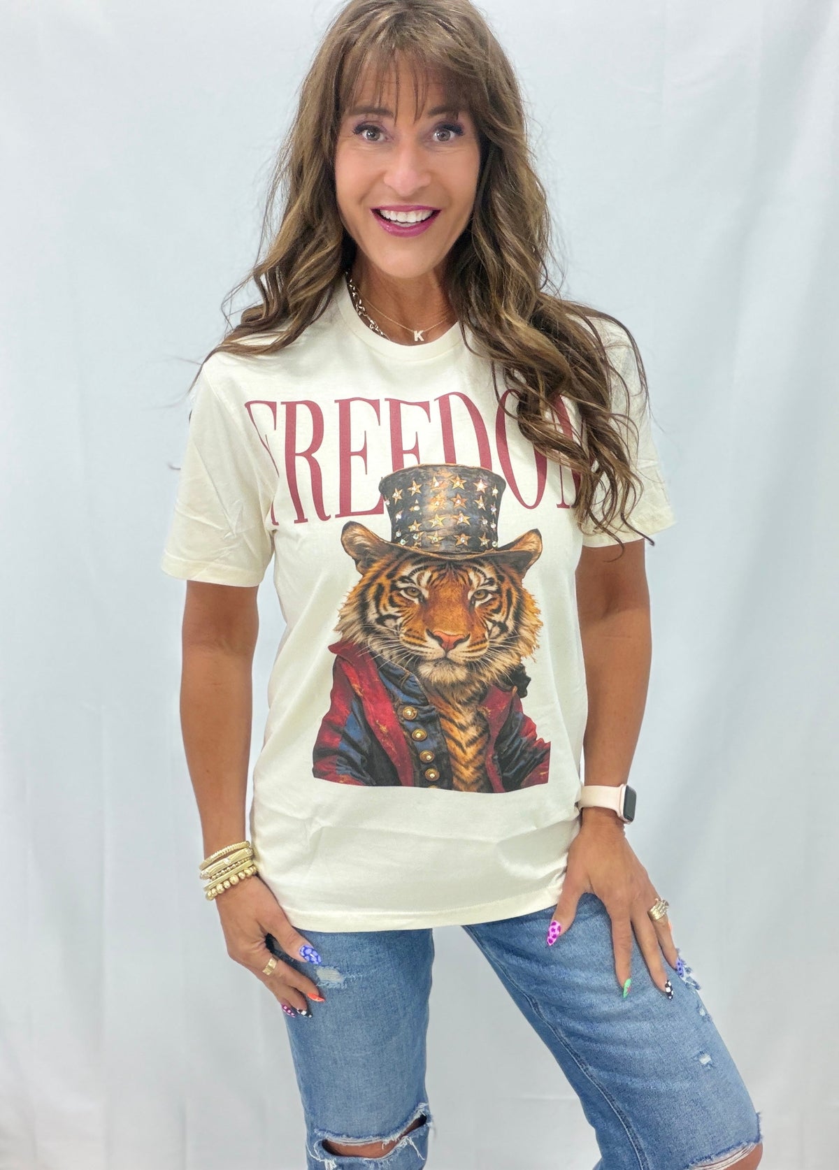 Freedom Tiger Crystal Bling Graphic Tee In Cream *Final Sale*