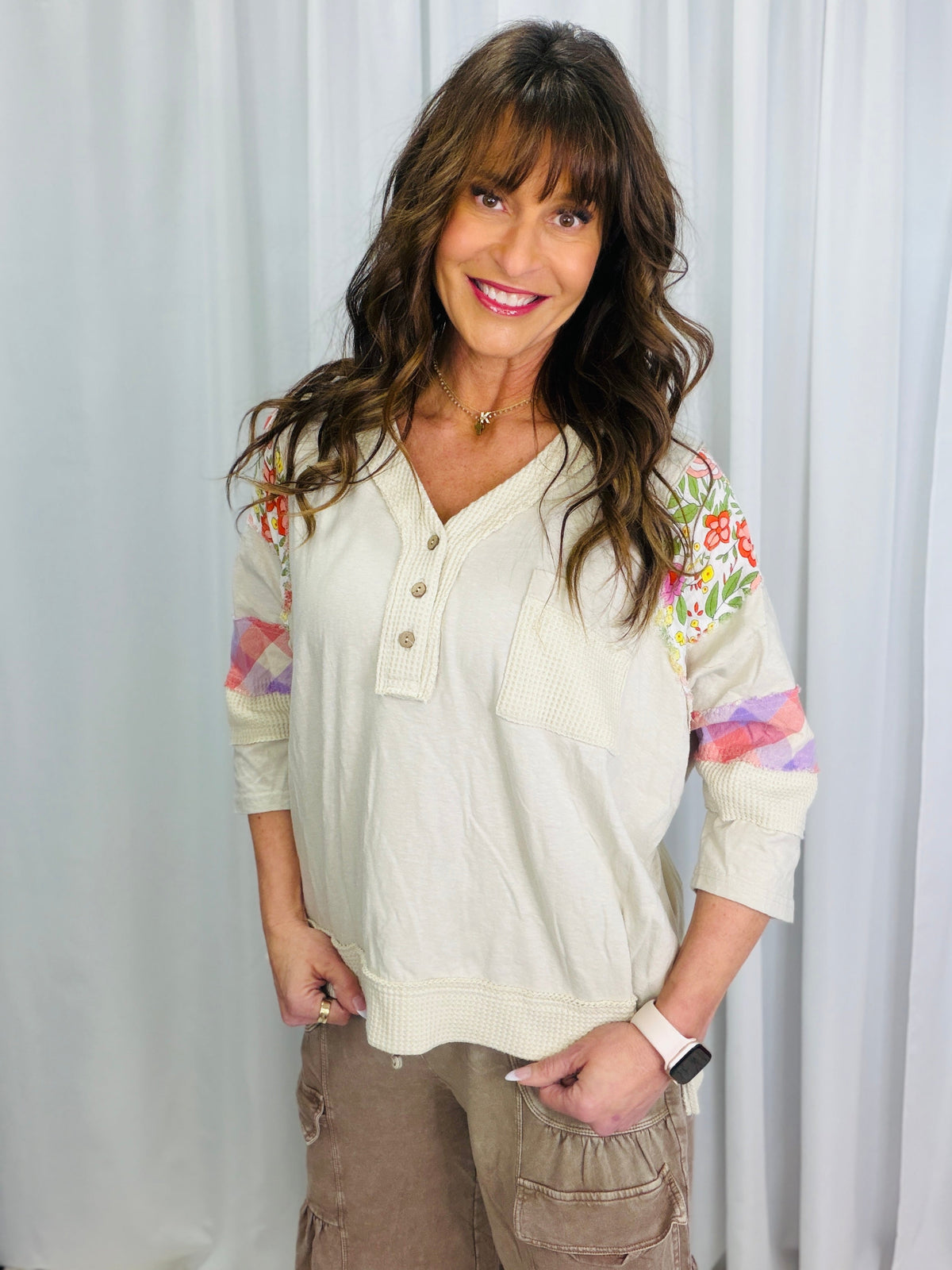 Let's Talk About This 3/4 Sleeve Soft Washed Henley Top In 2 Colors