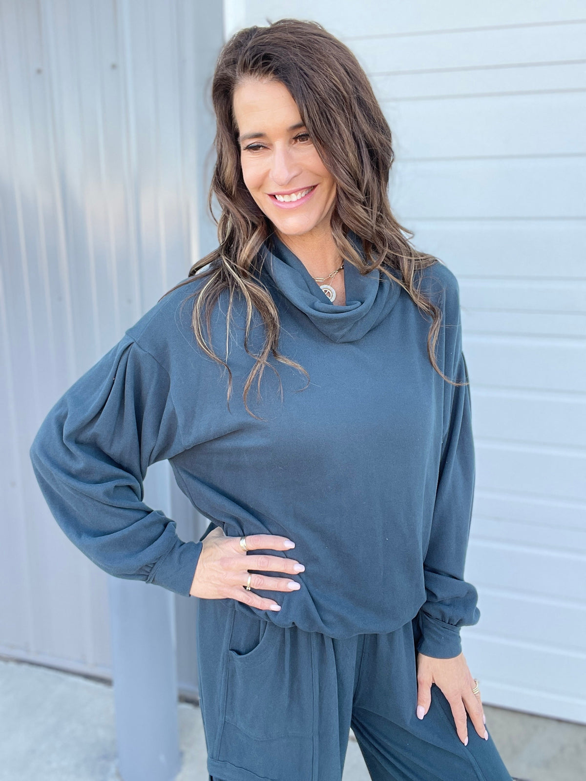 Moving On Brushed Hacci Top In 3 Colors: Charcoal, Cinnamon, Teal *Final Sale*