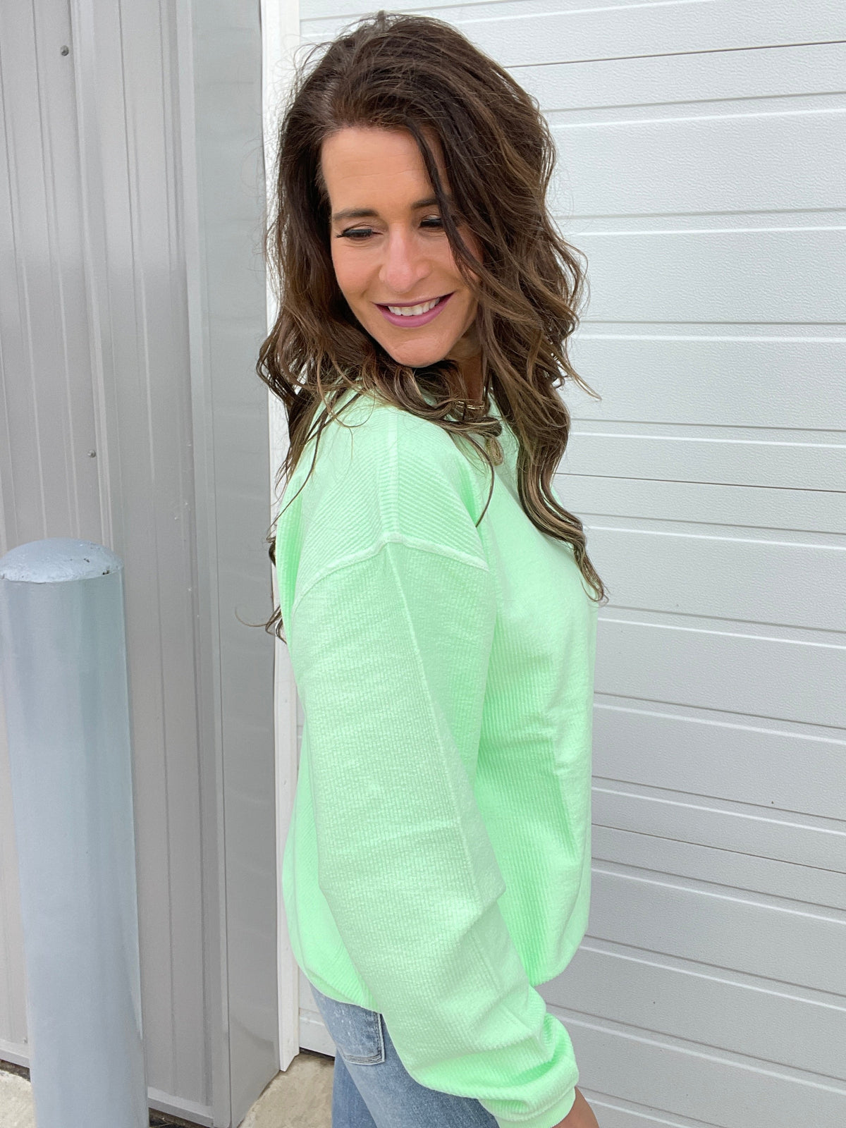 Neon Snow Washed Corded Crewneck in Neon Coral, Yellow, Pink, Lime