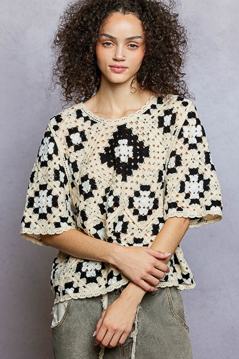 POL Round Neck Crochet Roomy Top In 2 Colors