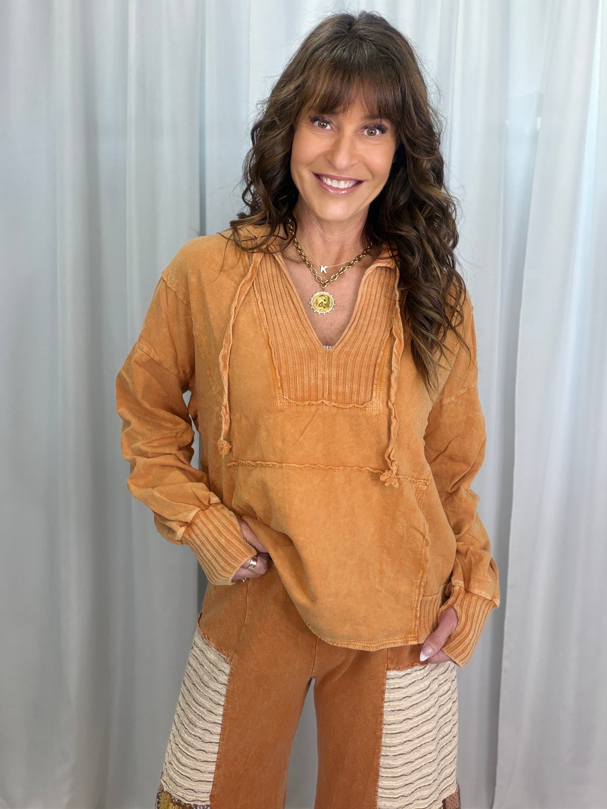 Lucky Lady Ribbed Accent Lightweight Hoodie Top  In 3 Colors