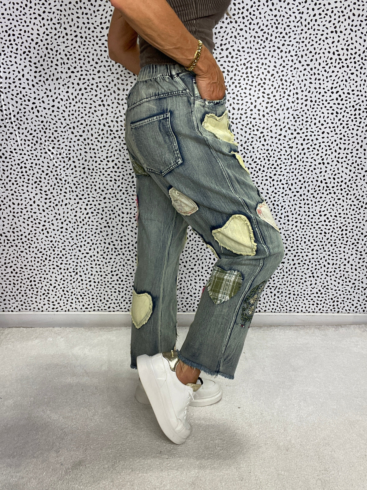 Multi Hearts Patch Work Pants In 2 Colors