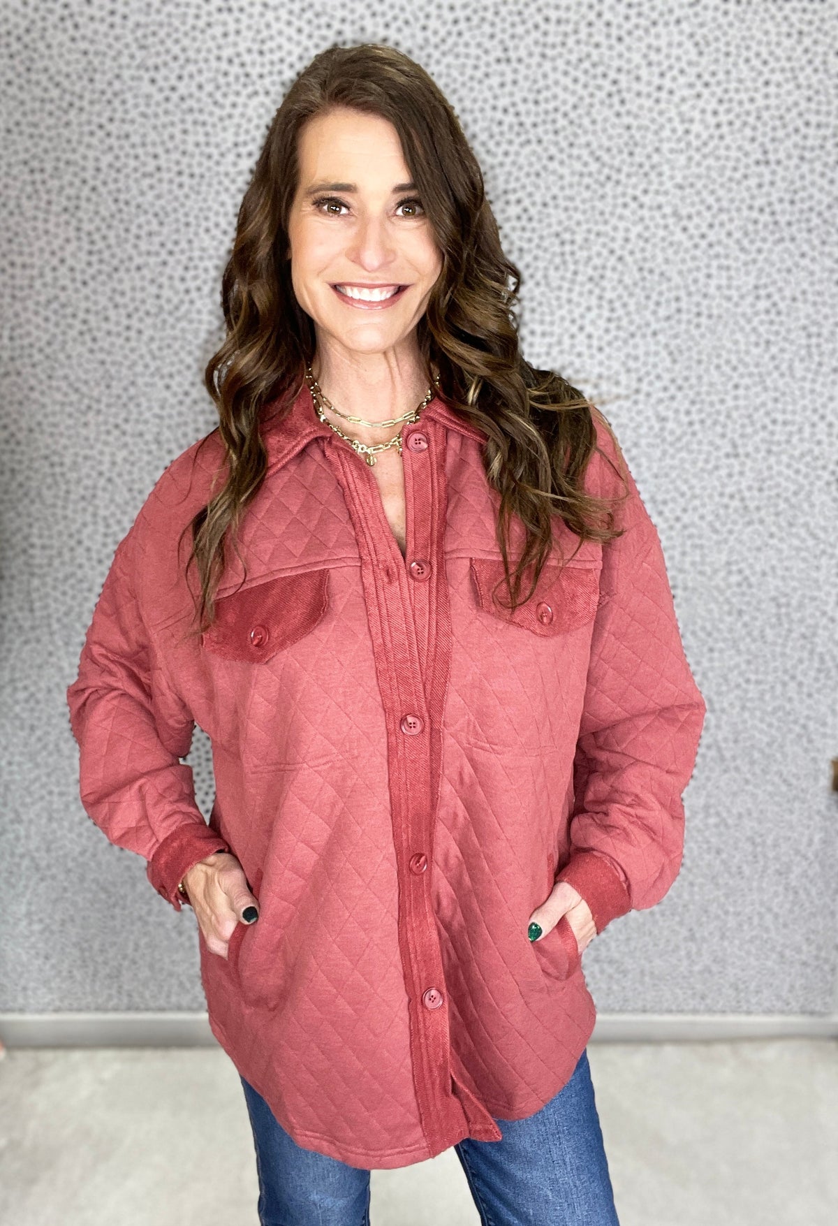 All I Need Oversized Quilted Knit Shacket In Marsala *Final Sale*