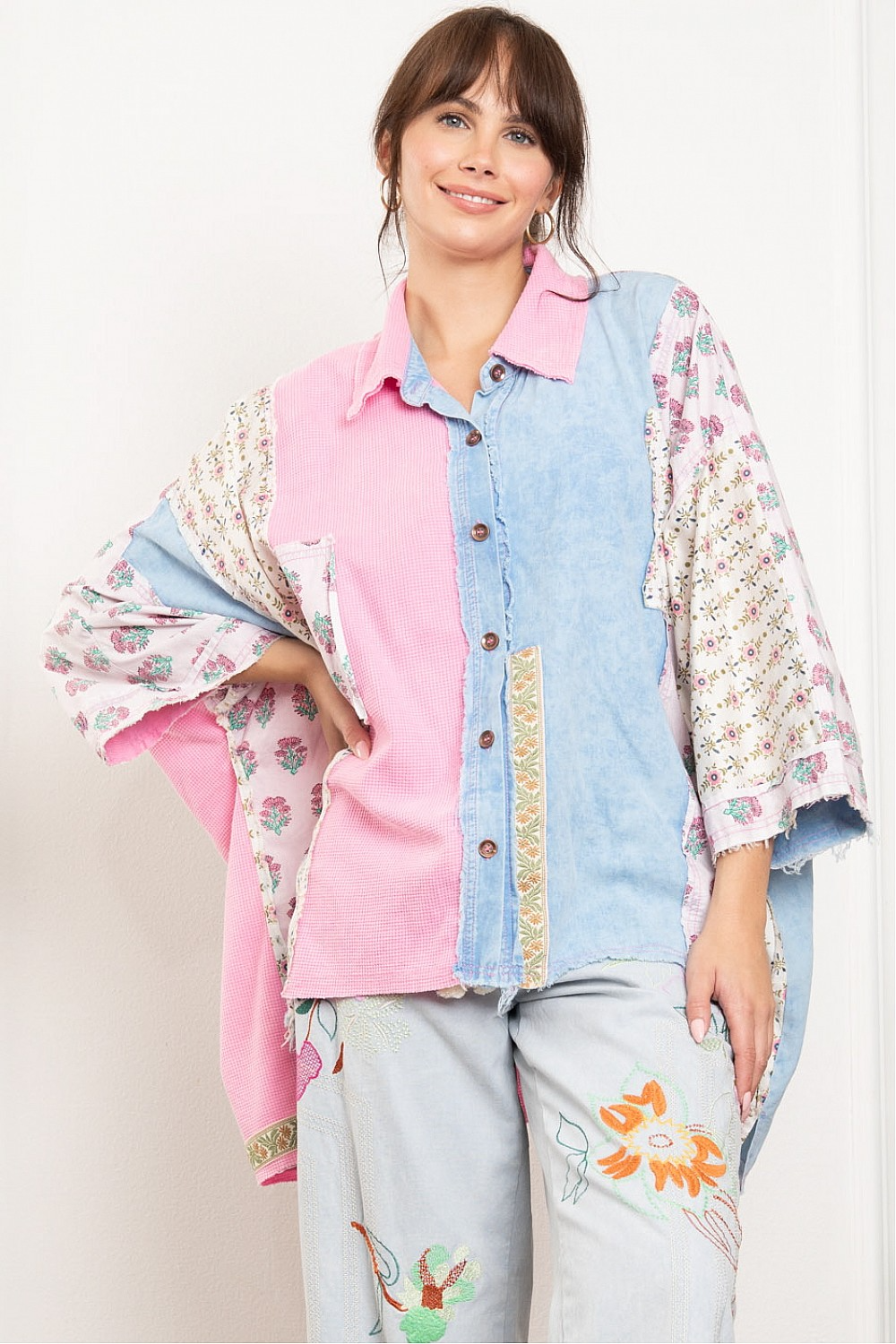 Days Come And Go Multi Contrast Button Down Oversize Top in Denim *Final Sale*