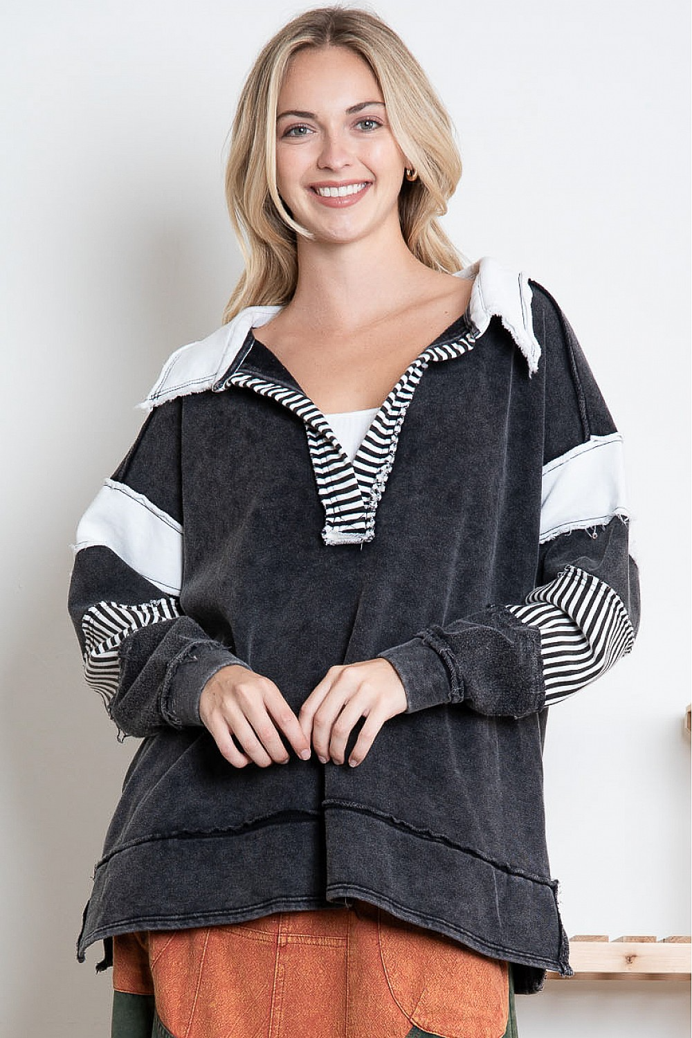 Cherished Dreams Washed Multi Fabric Collar T-Shirt In Black *Final Sale*