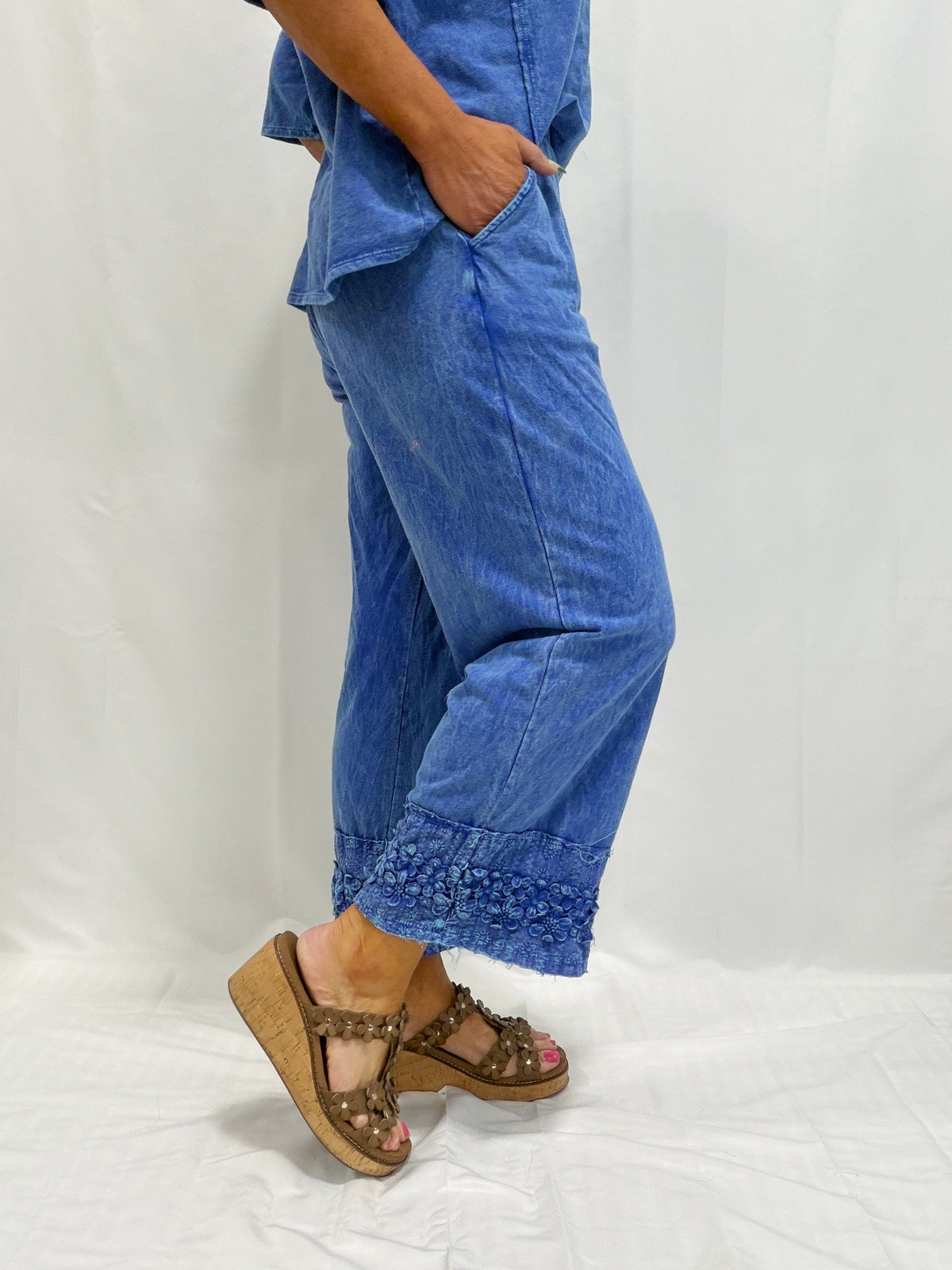 Petal Pusher Mineral Washed Floral Trim Lounge Pants in 3 Colors