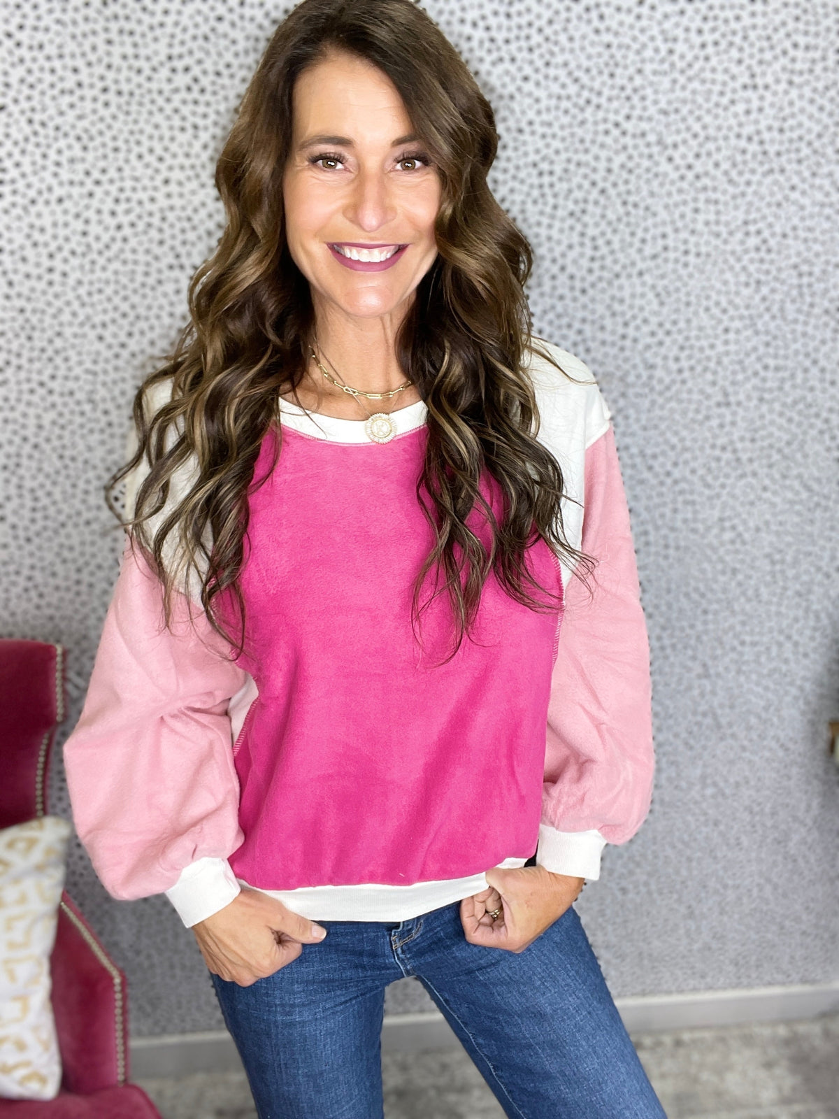 Double Take Color Block Sweatshirt In Pink *Final Sale*