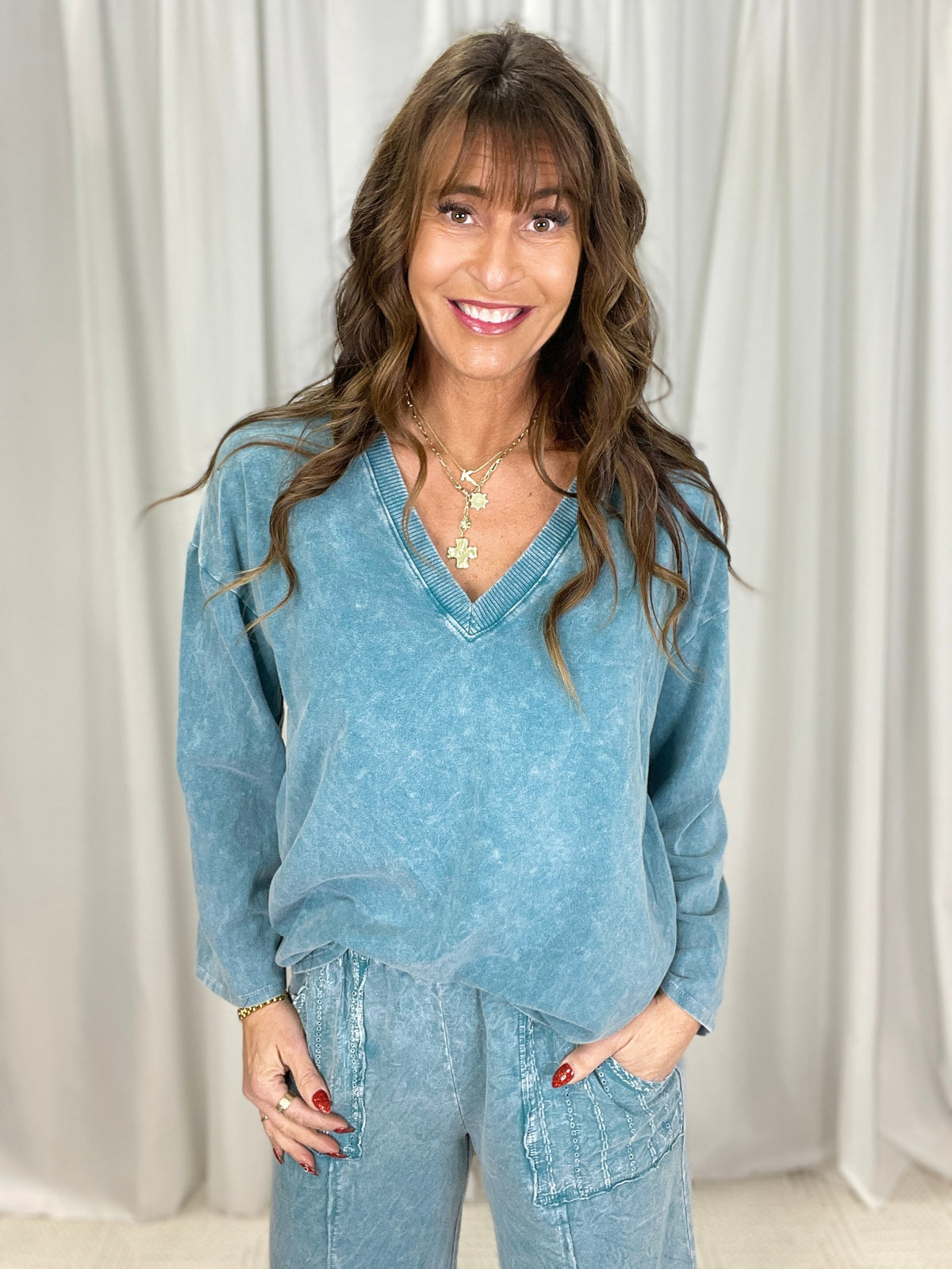 Down The Line V-Neck Long Sleeve Top In 11 Colors