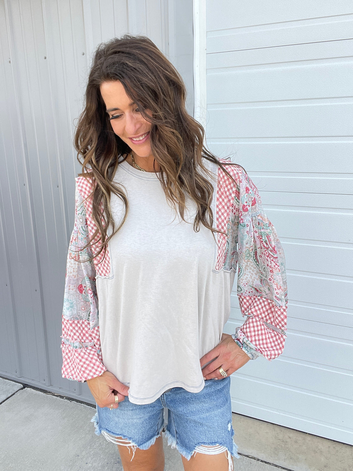 Show Me Around Mix Print Top In 5 Colors: Grey, Khaki, Camel, Olive, Mushroom *Final Sale*
