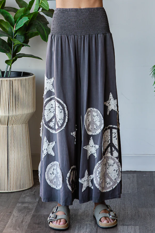 Oli & Hali Infinite Peace Washed Smocked Patchwork Pants In 2 Colors *Final Sale*