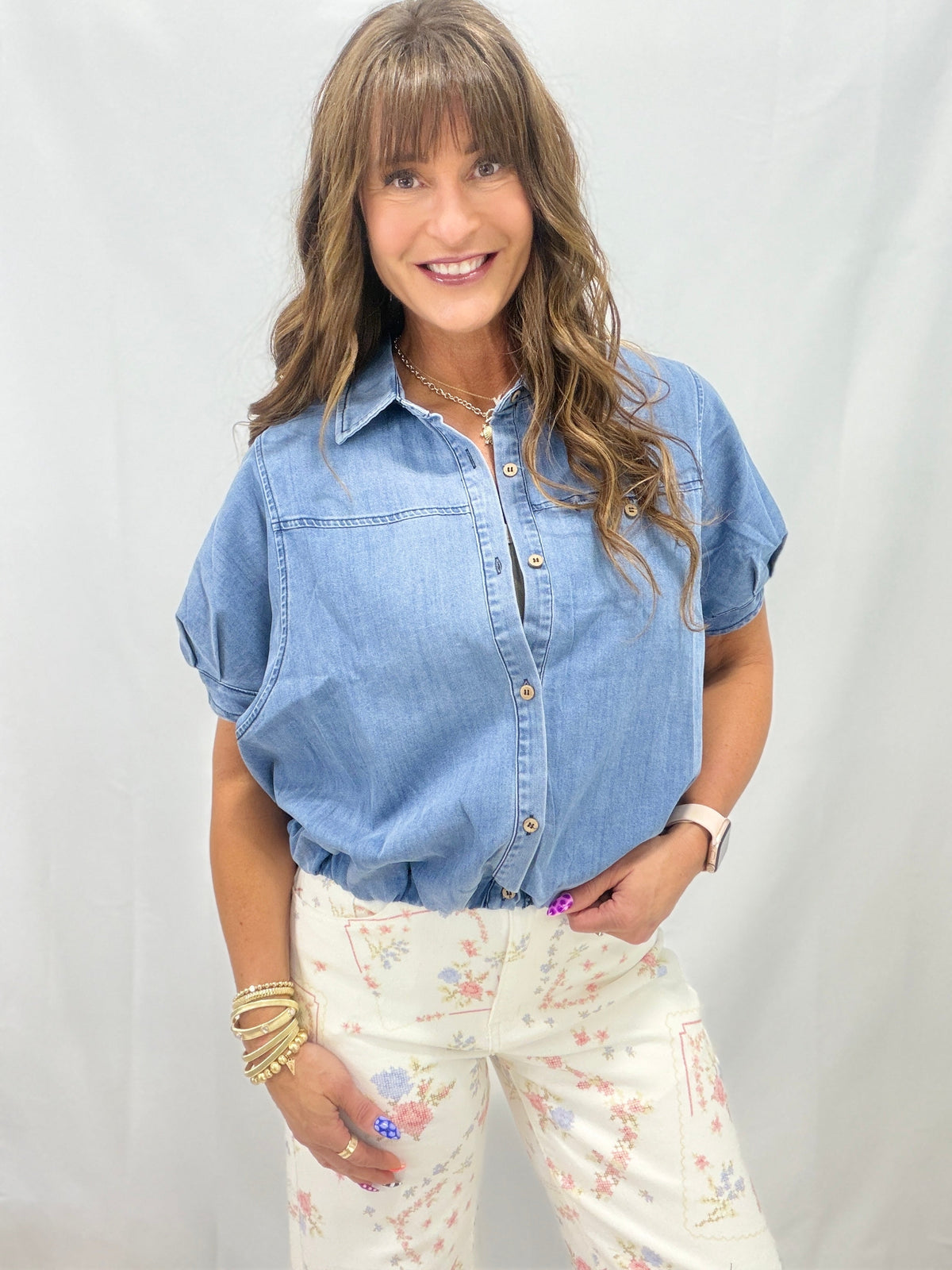 Have A Good Day Bubble Hem Top In Denim