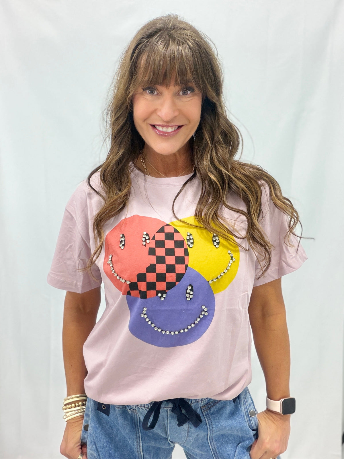 Meet Me Halfway Besazzled Smiley Face Top In Mauve
