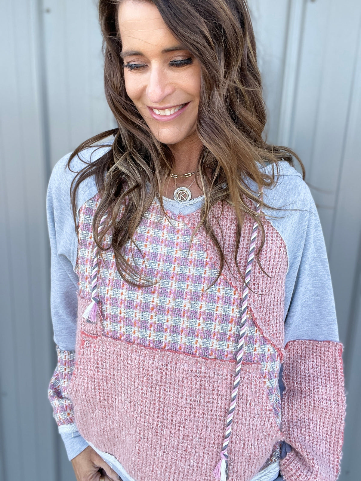 Oli & Hali Struck By You Tweed Patchwork Hoodie Top In 2 Colors *Final Sale*
